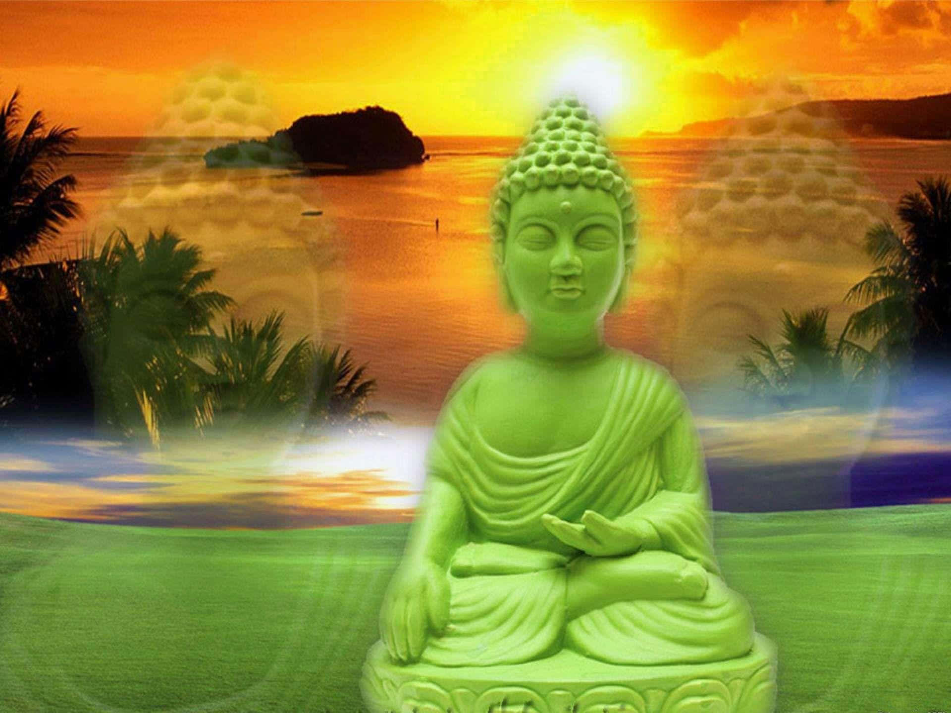 A Green Buddha Statue Is Sitting On A Green Grass