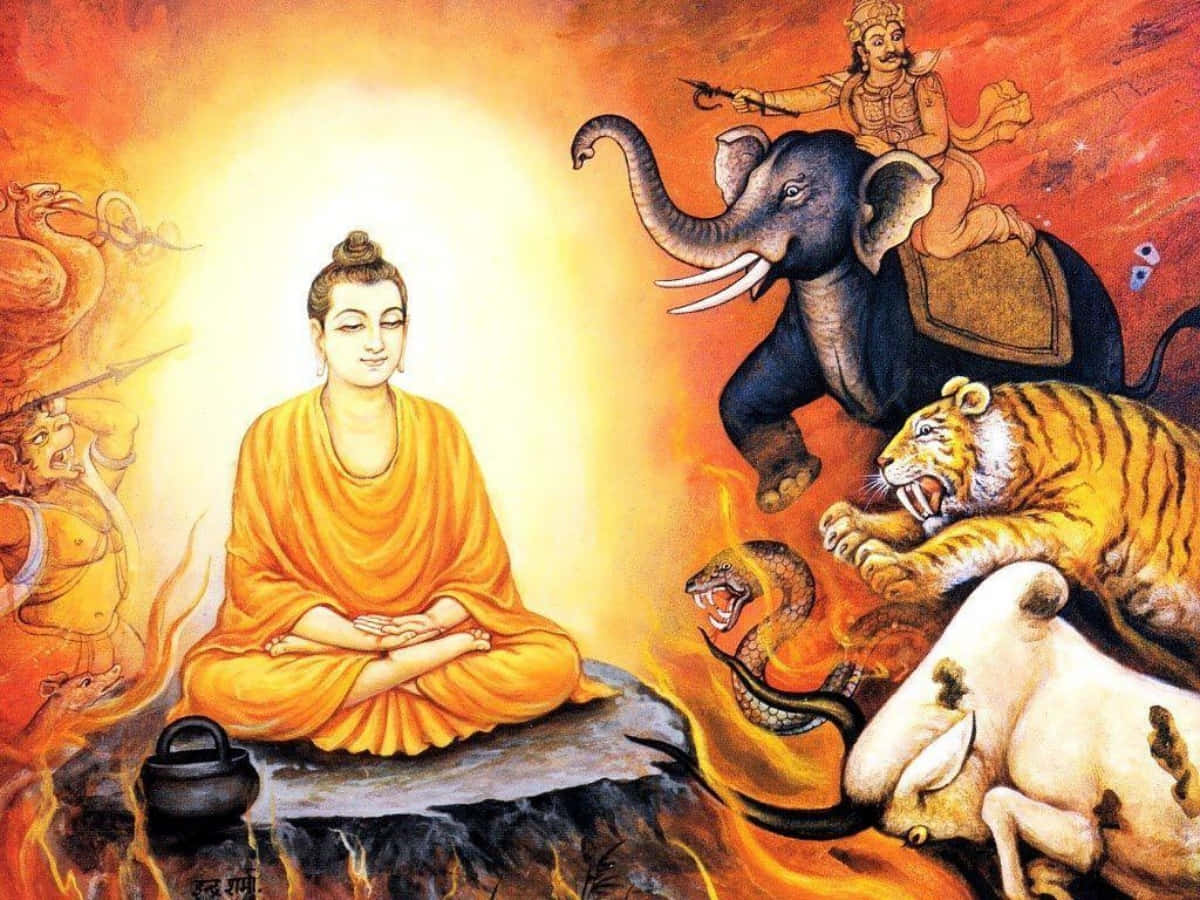 Buddha Sitting On A Fire With Tigers And Lions