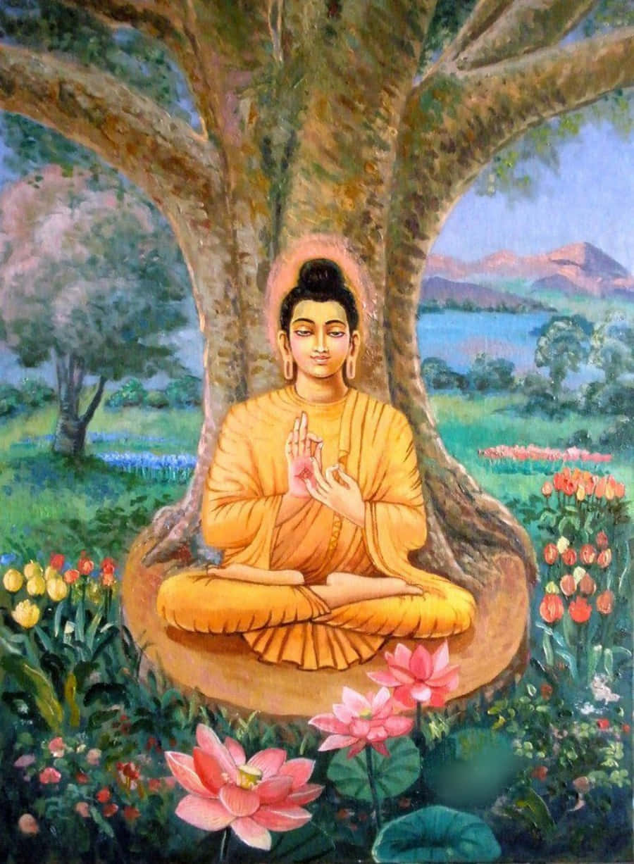 A Painting Of Buddha Sitting Under A Tree