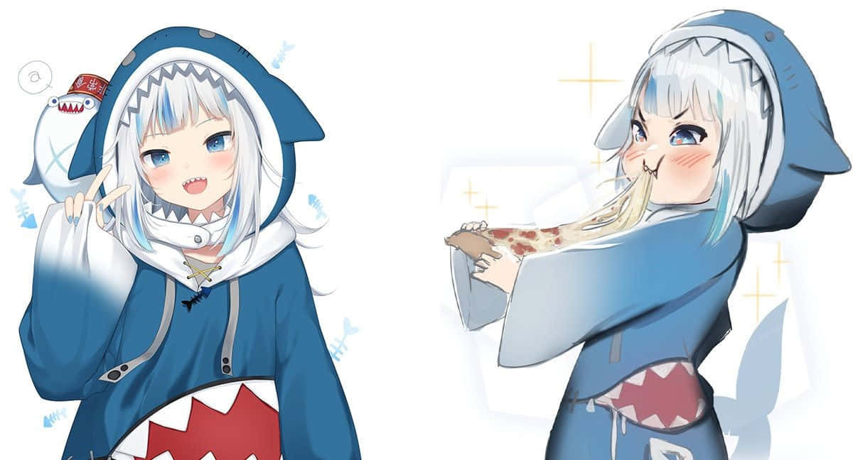 Gawr Gura Anime Style Pizza Enjoyment Wallpaper