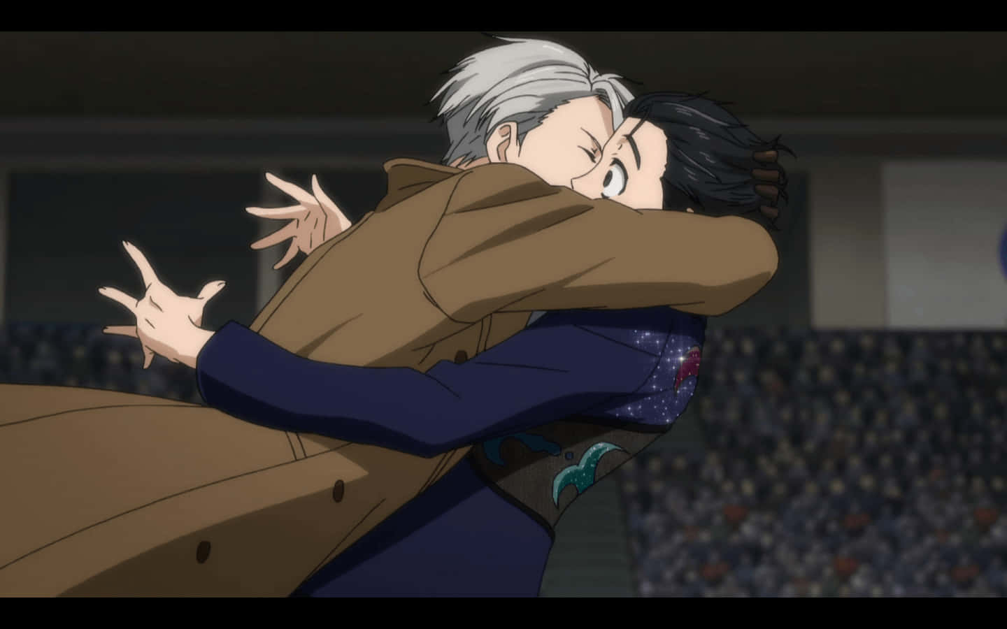 En mand og kvinde omfavner hinanden i et anime stadion Wallpaper