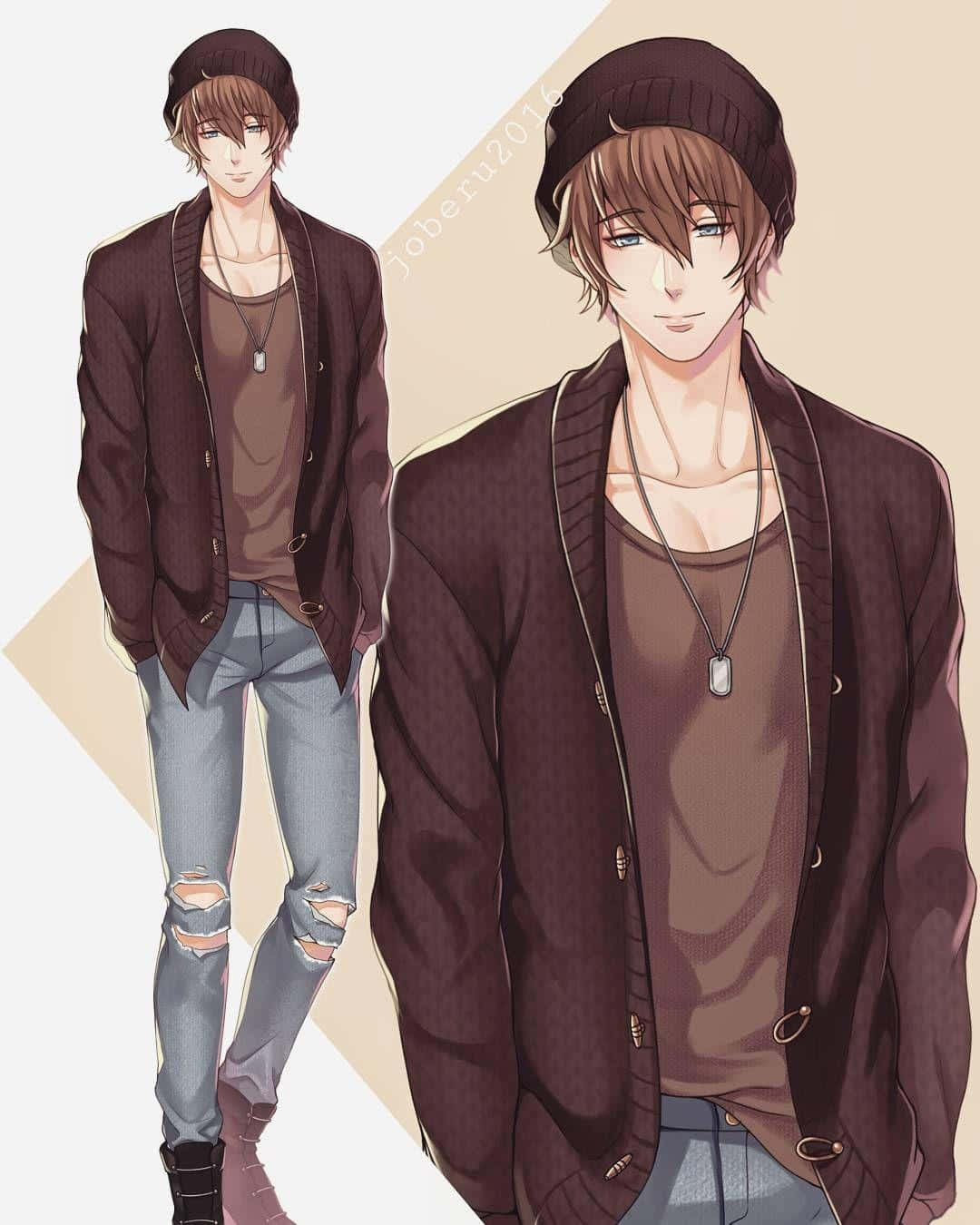 En mandlig anime karakter i en brun jakke og jeans Wallpaper
