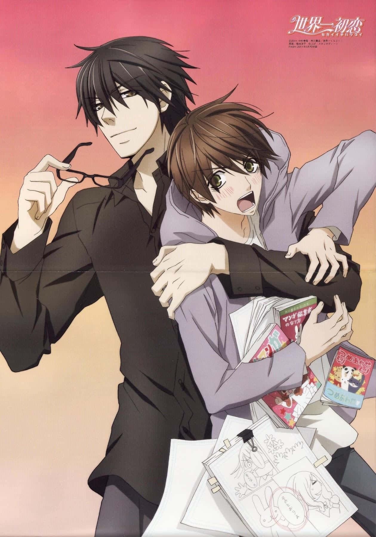 En plakat med to animekarakterer, der omfavner hinanden. Wallpaper