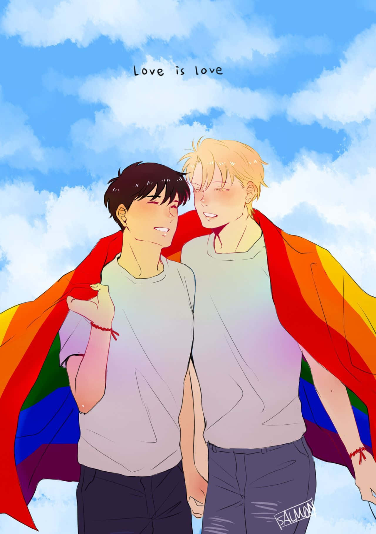 Two Men Holding A Rainbow Flag In The Sky Wallpaper