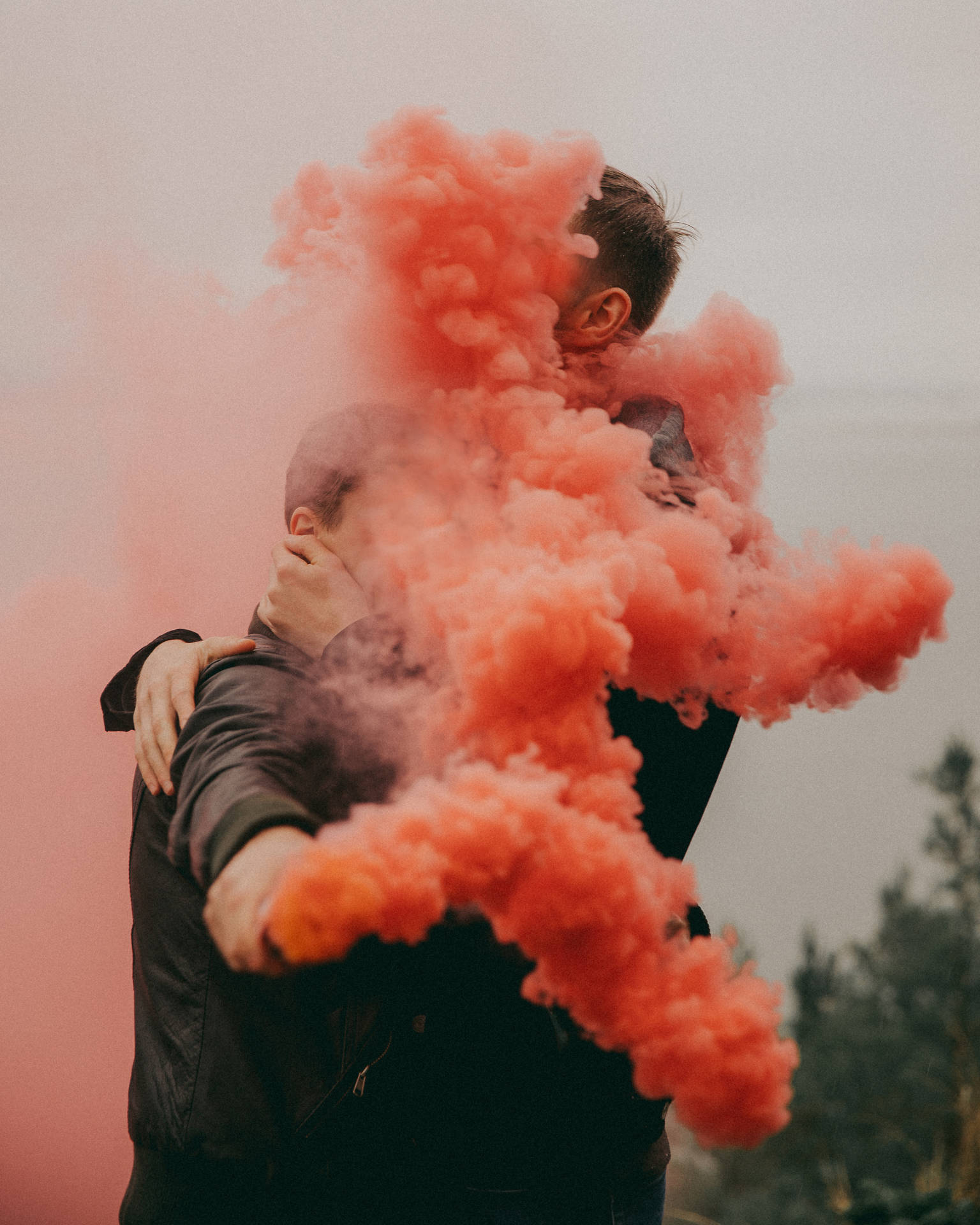 Gay Couple In Smoke Bombs Background