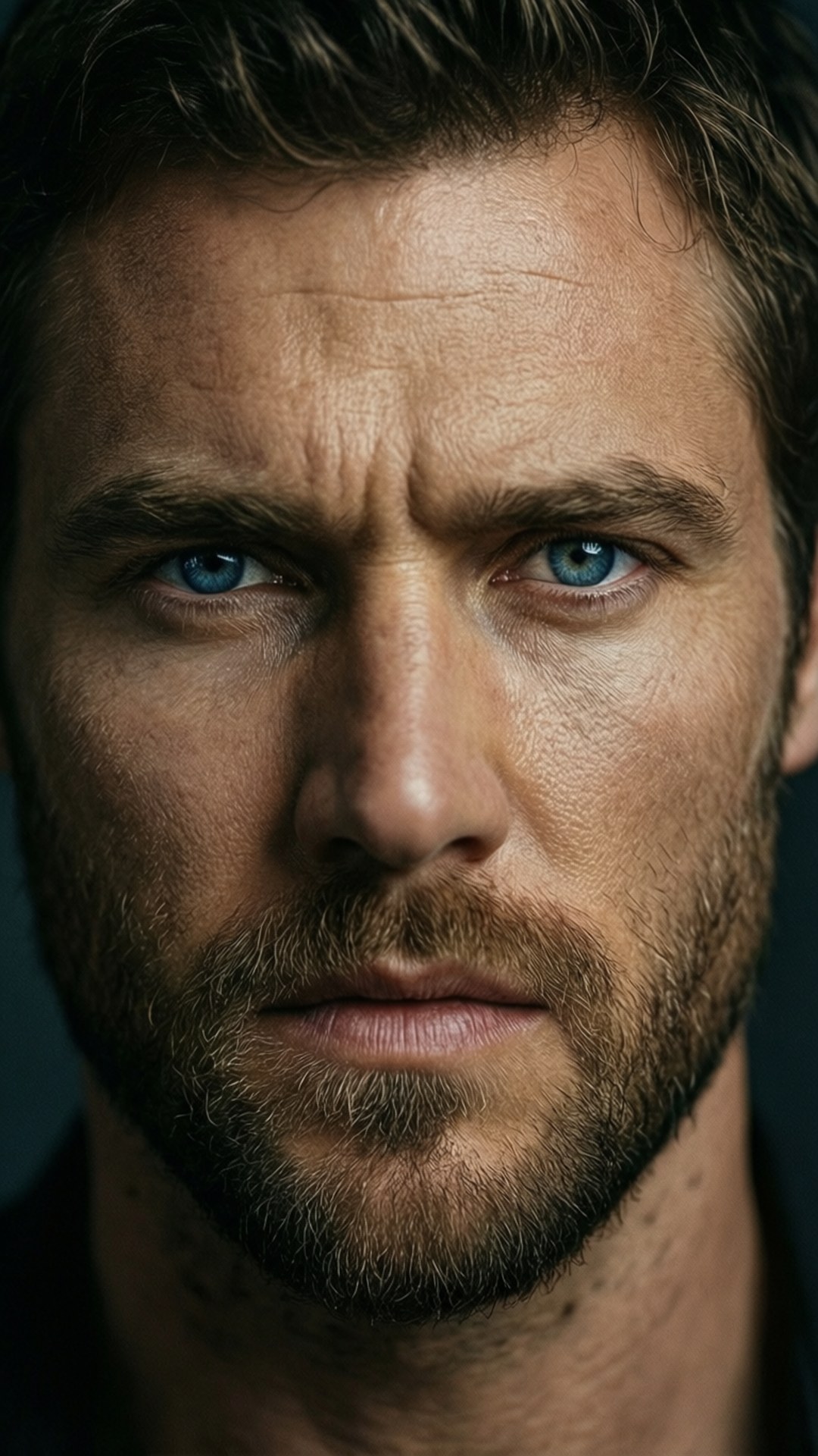 Intenst nærbillede portræt af Jai Courtney med blå øjne.