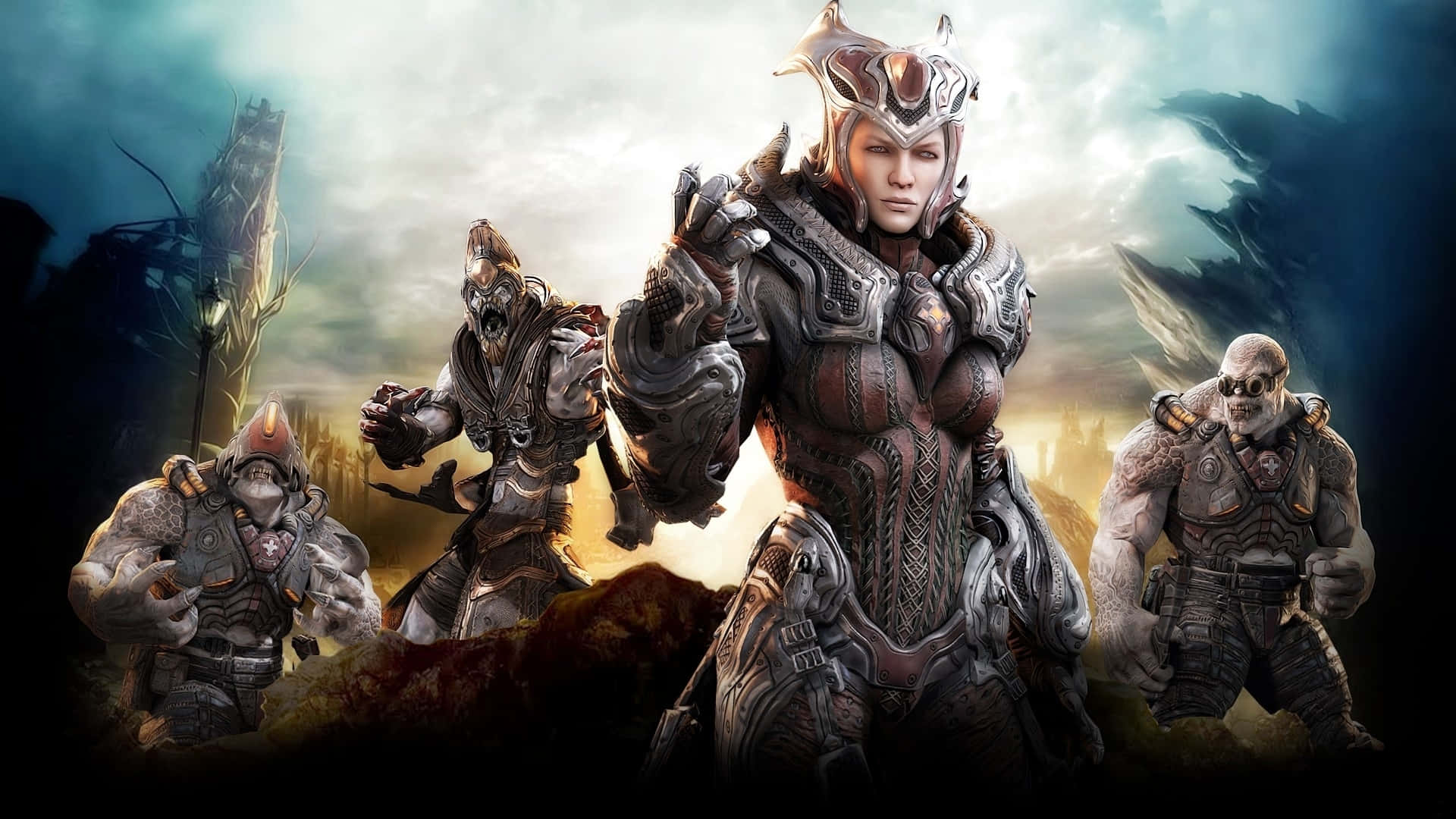 A Group Of Characters In Armor Standing In Front Of A Dark Background Wallpaper