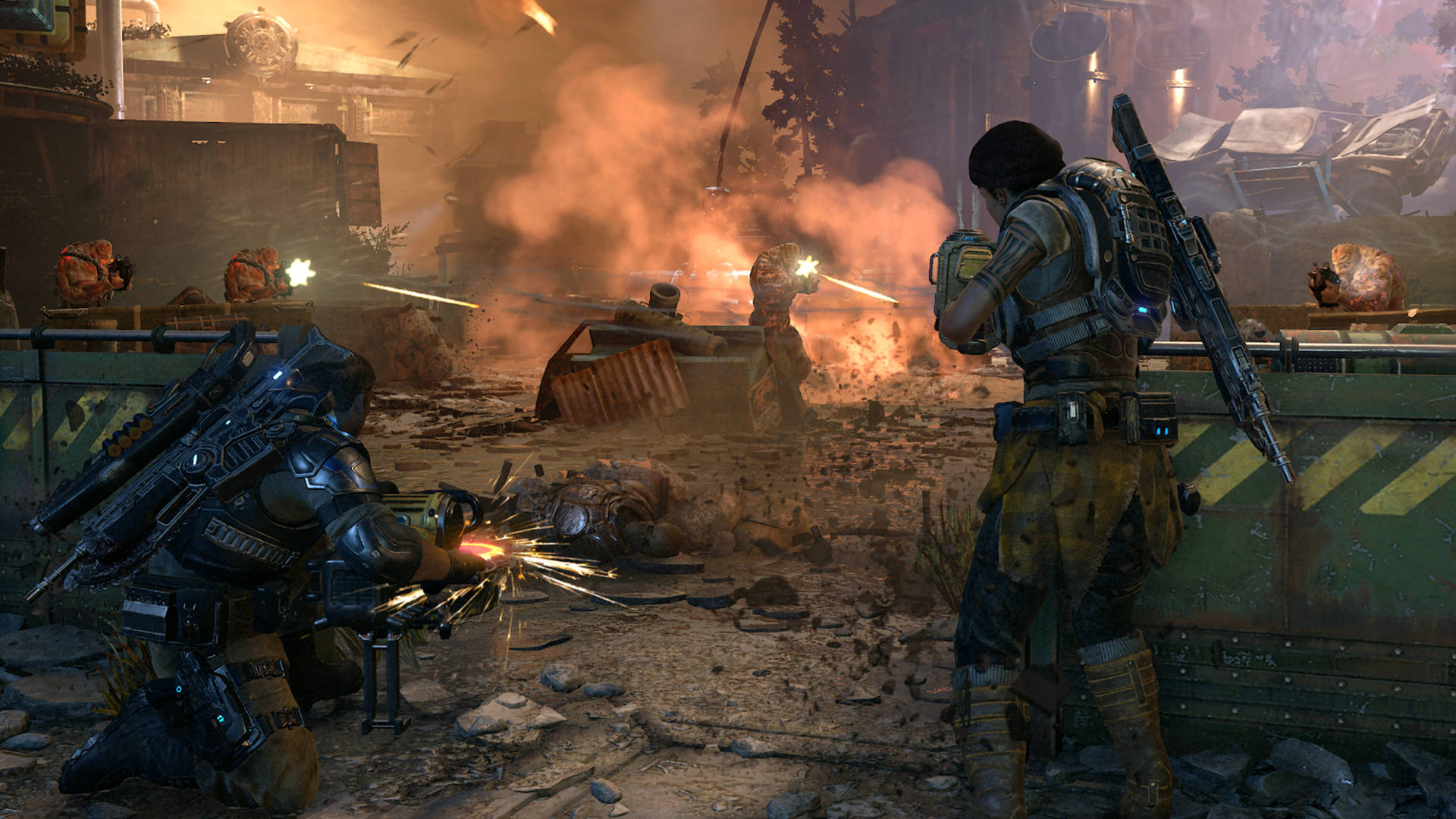 Personajesde Gears Of War 4 Disparando A Monstruos Fondo de pantalla