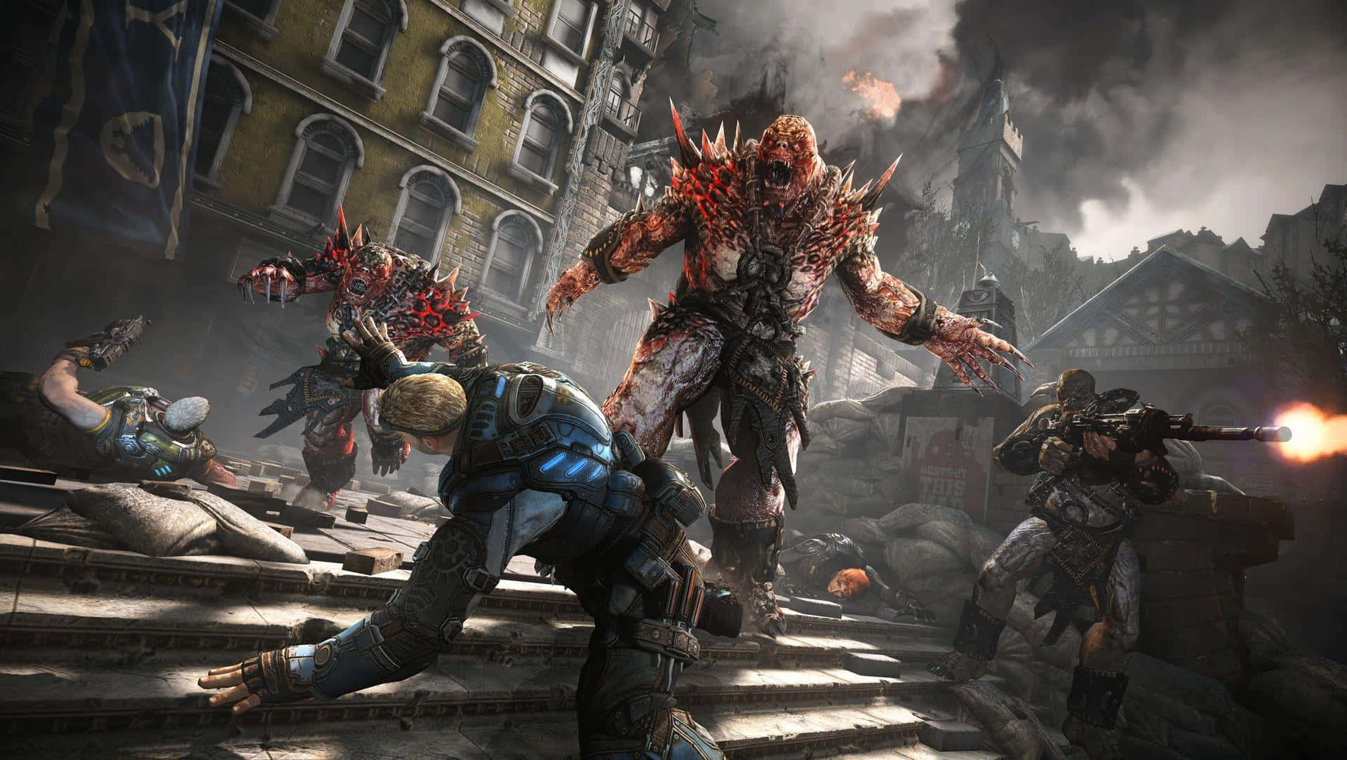 A Group Of Zombies Are Fighting In A City Wallpaper