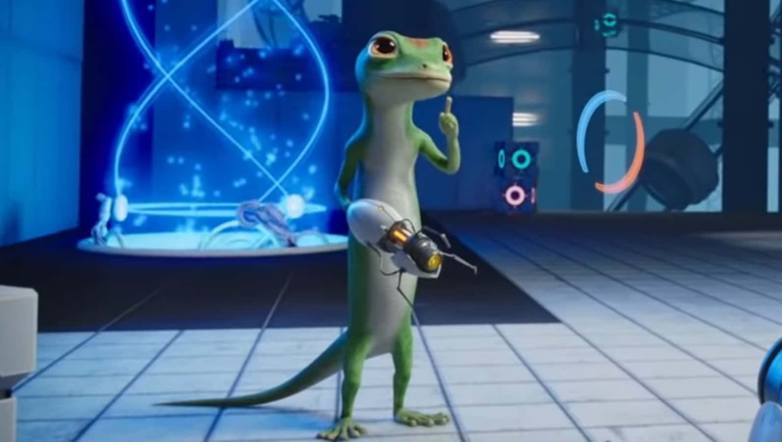 A Green Gecko Is Standing In Front Of A Robot