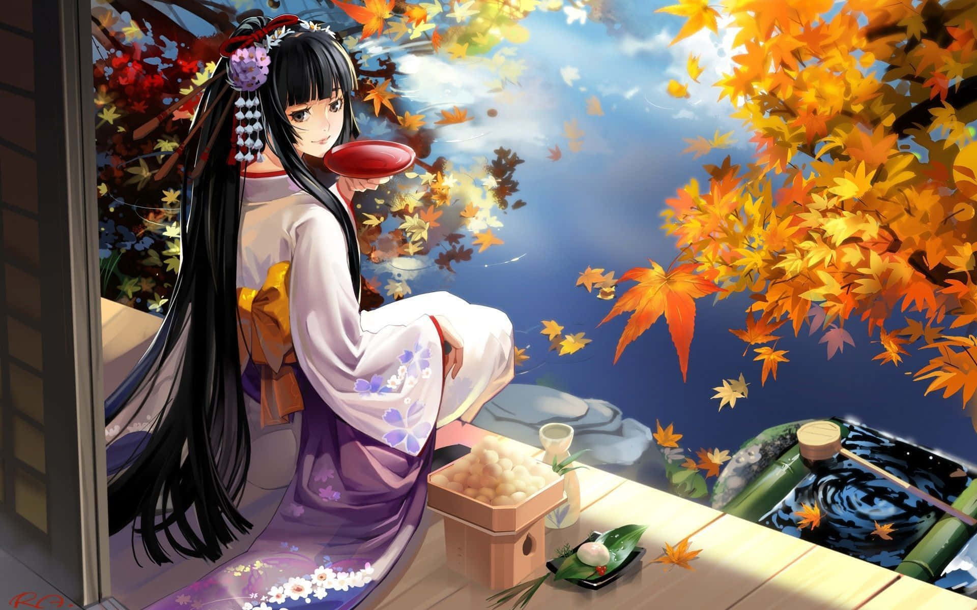Geisha At Autumn Lake Anime Cartoon Wallpaper