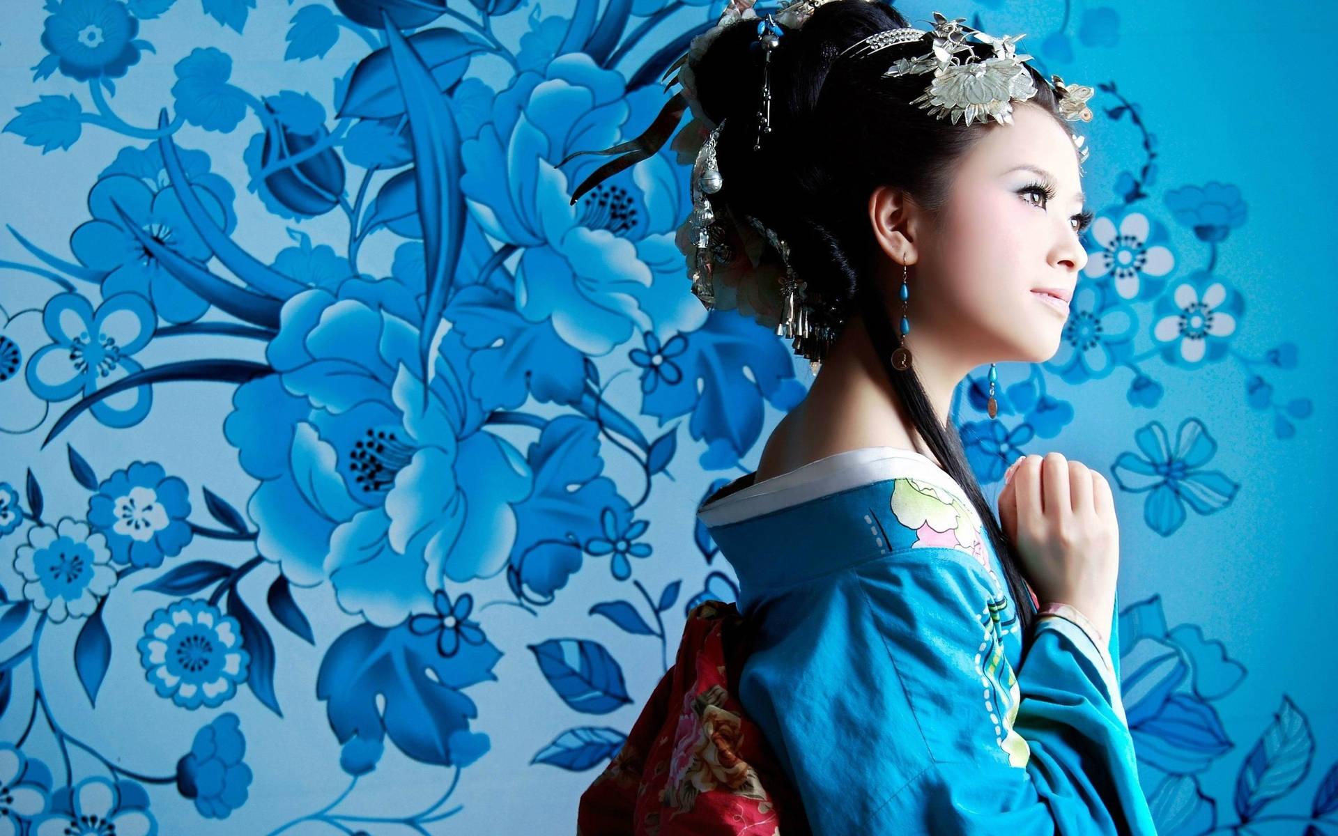 Geisha Blå Kimono Wallpaper