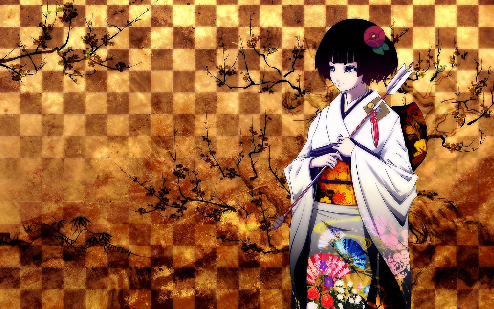 Geisha Checkered Background Wallpaper