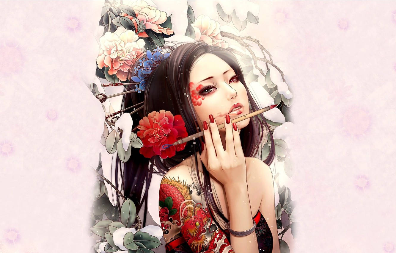 Geisha Dragon Tatovering Wallpaper