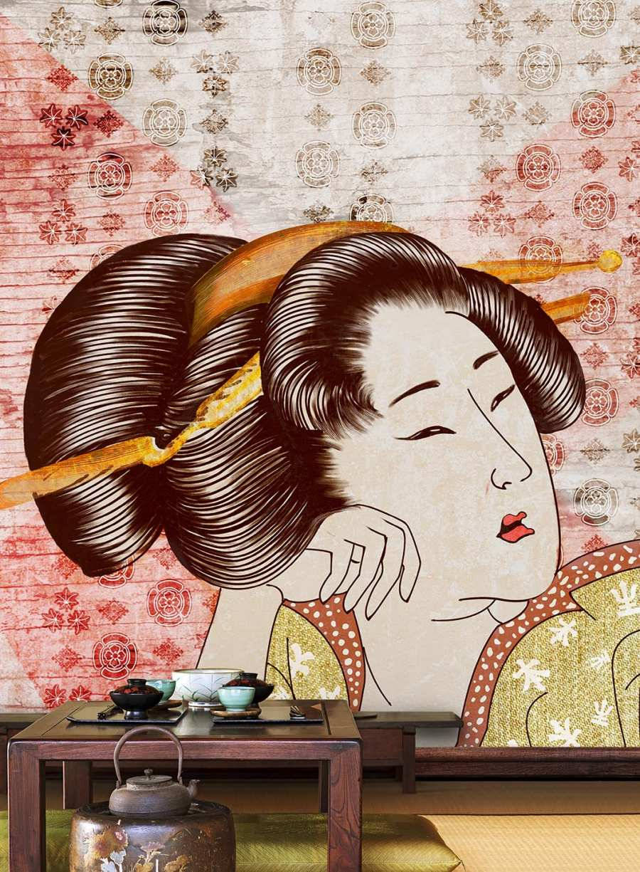Et billede af en geisha på væggen. Wallpaper