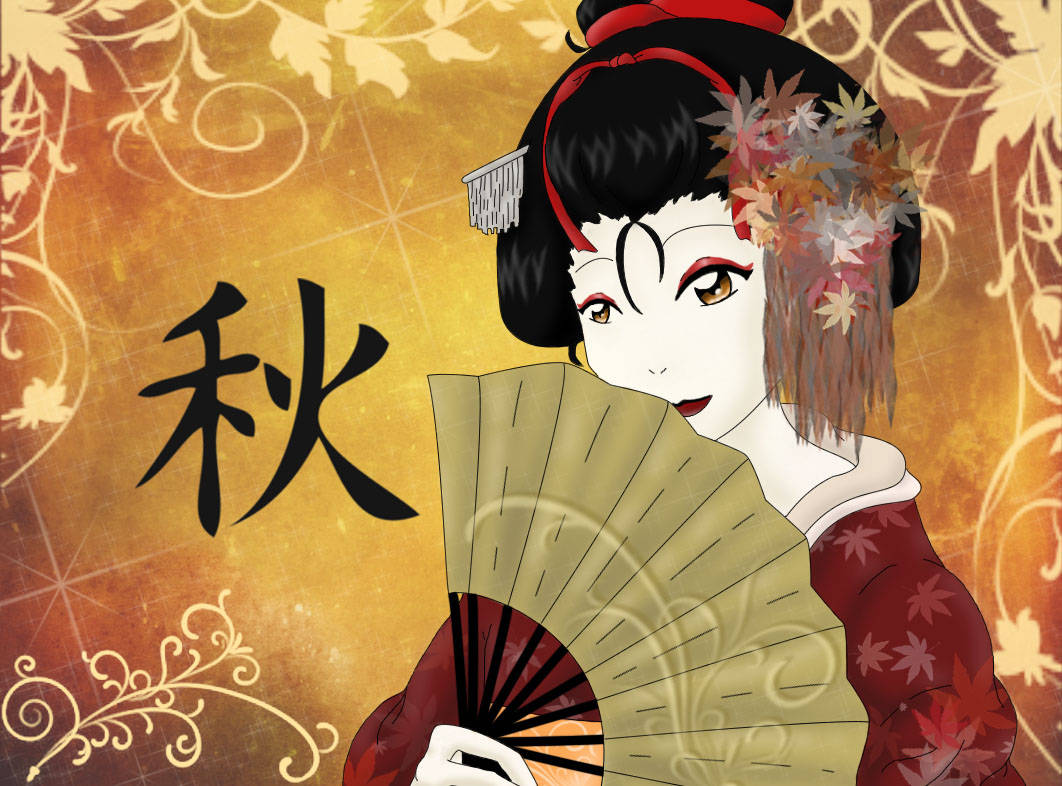 Geisha Med Guld Fan Wallpaper