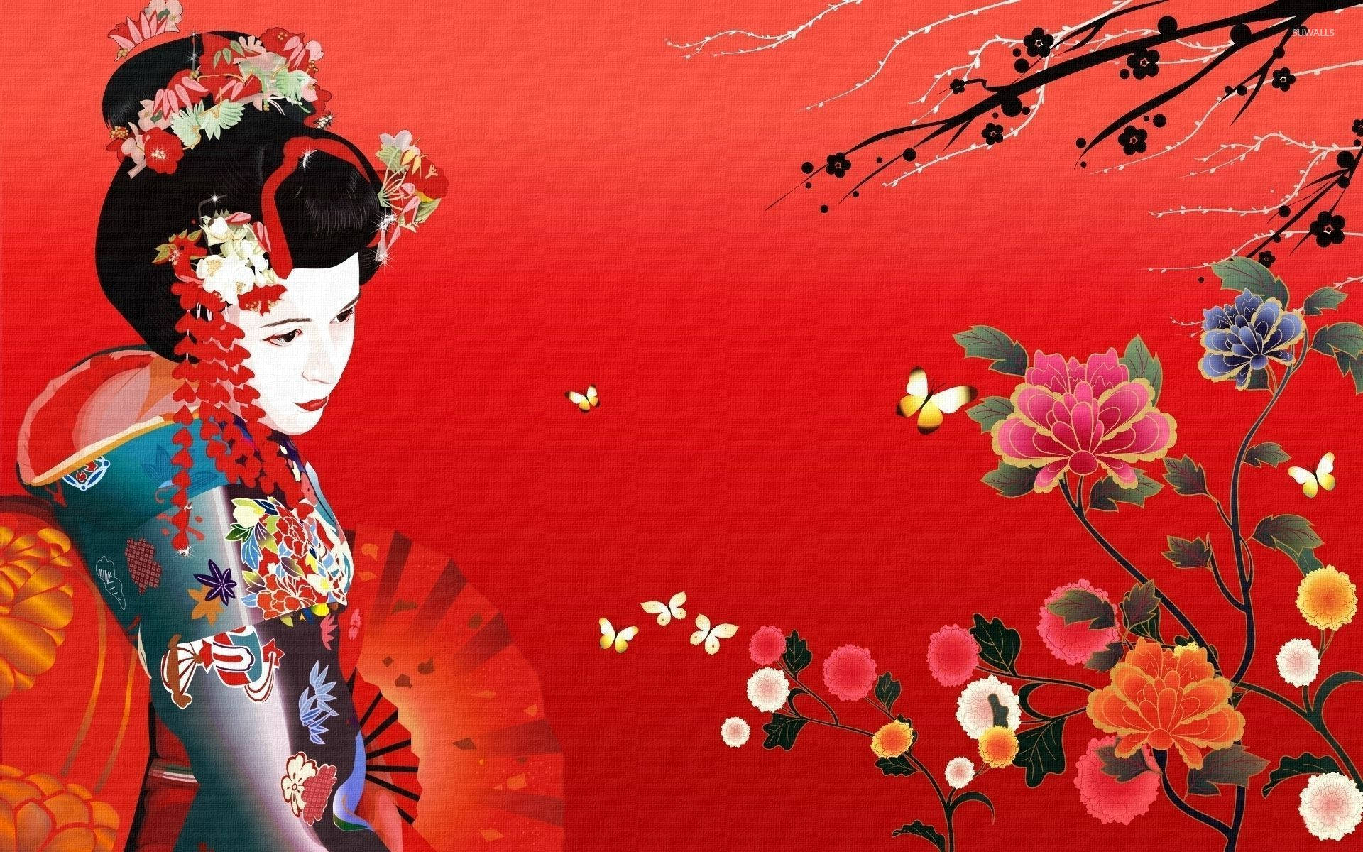 Geisha Rød Floral Maleri Wallpaper