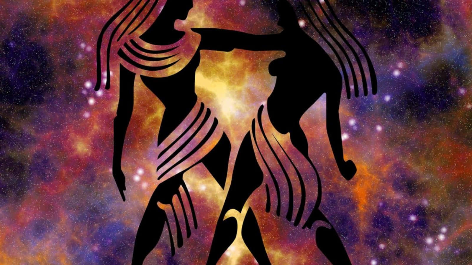 Two Women Are Dancing In The Background Of A Galaxy