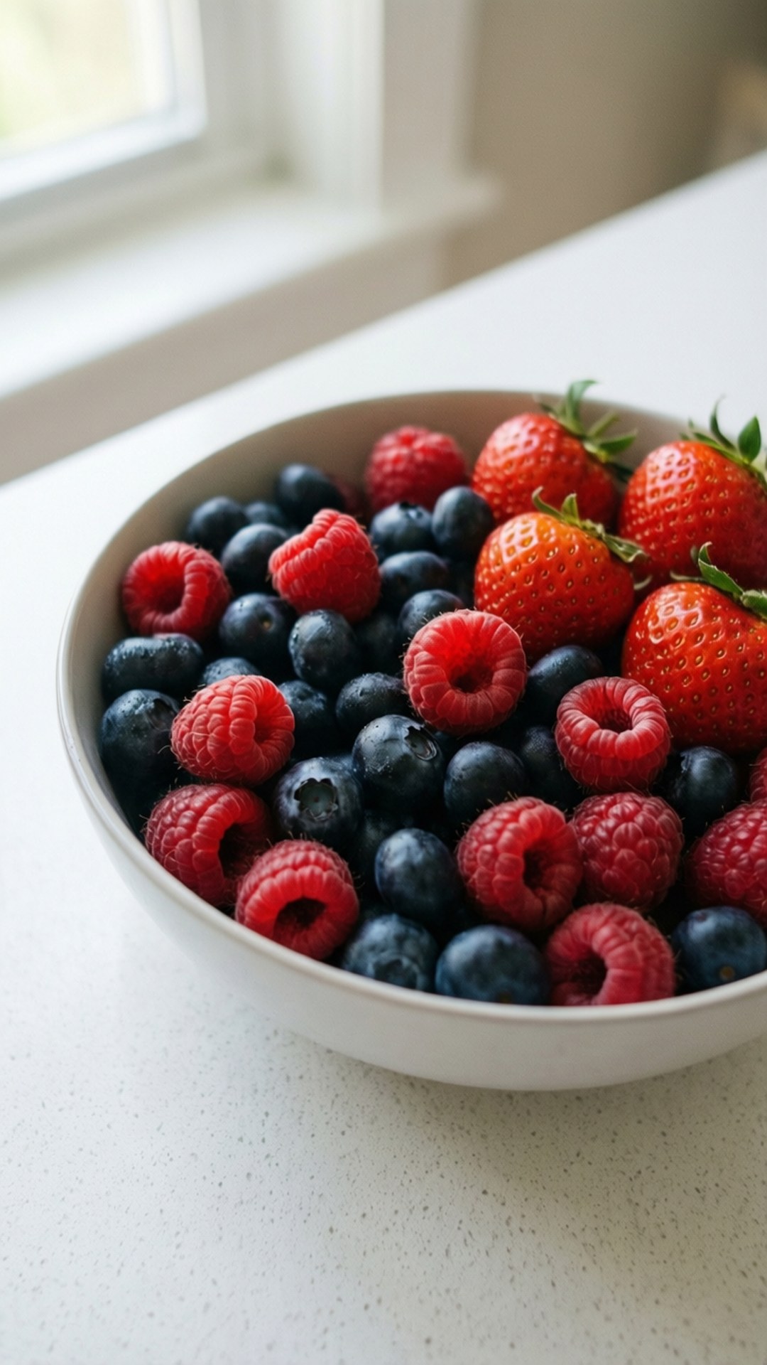 Mixed Berries Bowl Wallpaper — A white bowl brimming with vibrant red raspberries strawberries and deep blue blueberries sits on a speckled countertop near a bright window.