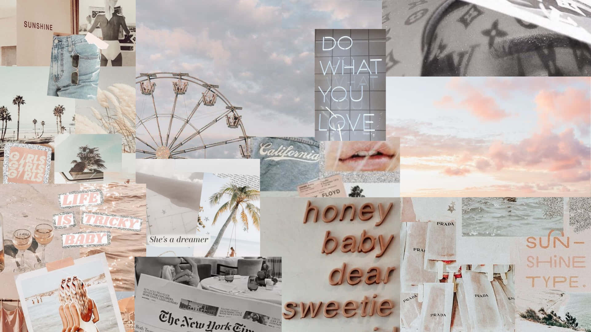 Cozy Winter Scene Wallpaper — A dreamy pastel-toned collage of fashion accessories travel quotes and iconic landmarks arranged in a soft romantic aesthetic.