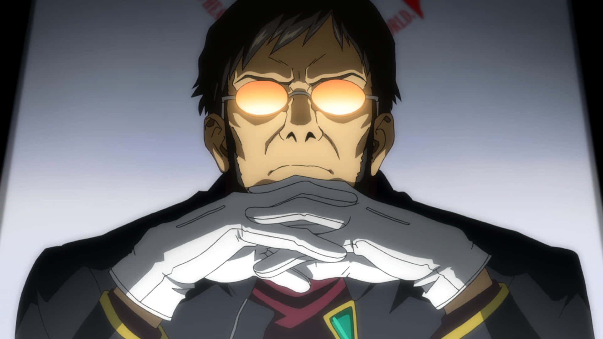 Gendo Ikari, the enigmatic leader of NERV, standing strong against a vivid background. Wallpaper