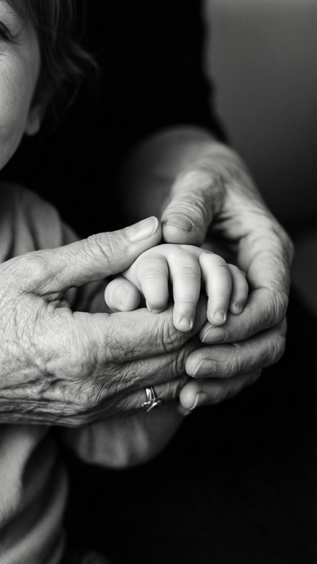 Eine ältere Person hält die Hand eines Babys mit sanfter Fürsorge in einem Schwarz-Weiß-Foto.