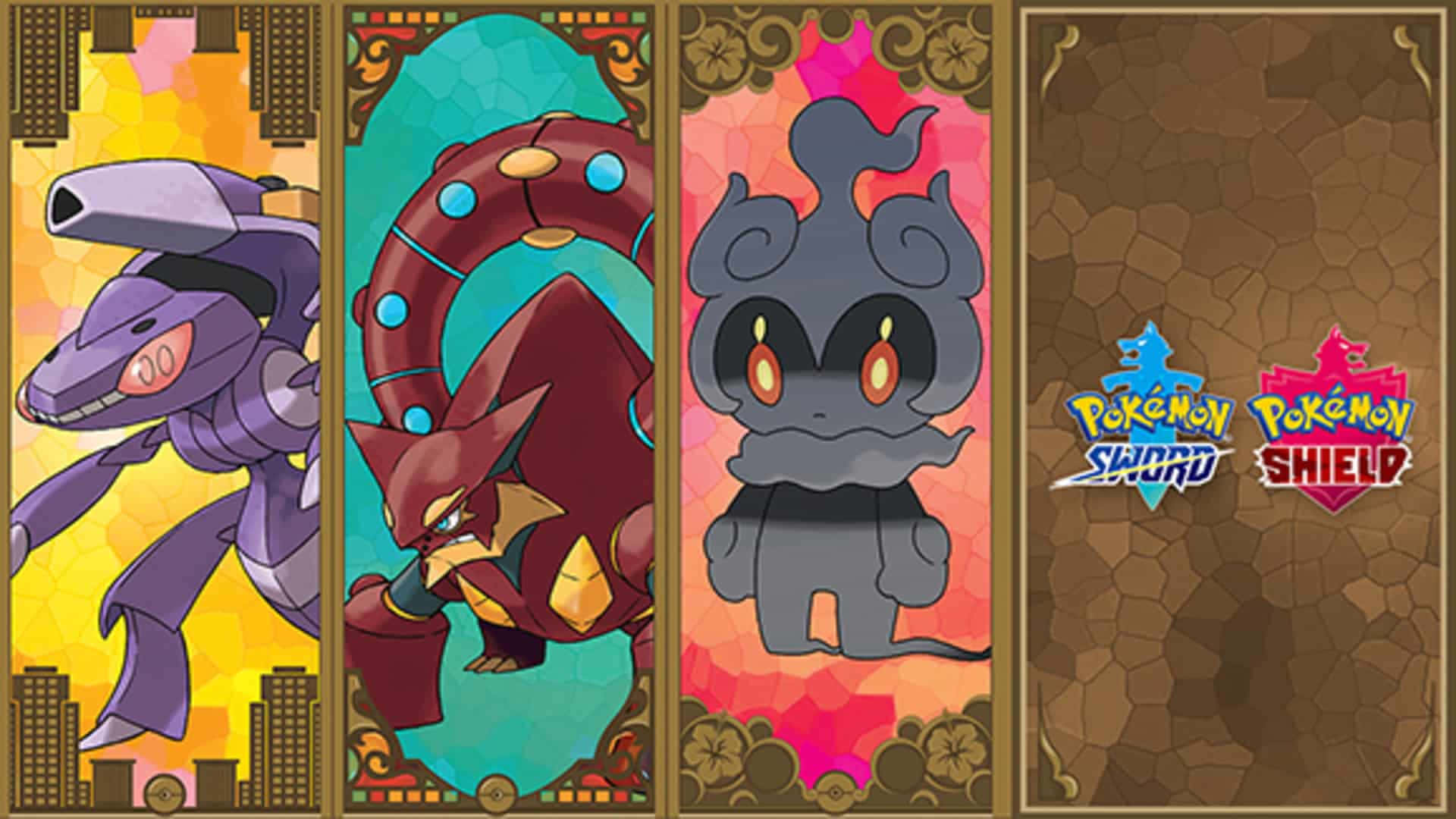 Caption: Genesect Engaged in Battle with Volcanion and Marshadow Wallpaper