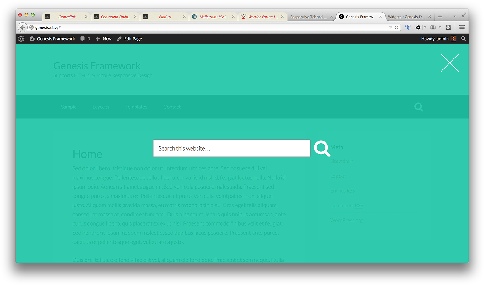 Genesis Framework Admin Panel Screenshot PNG — A teal-themed website homepage with a search bar centered on a clean minimalist layout.