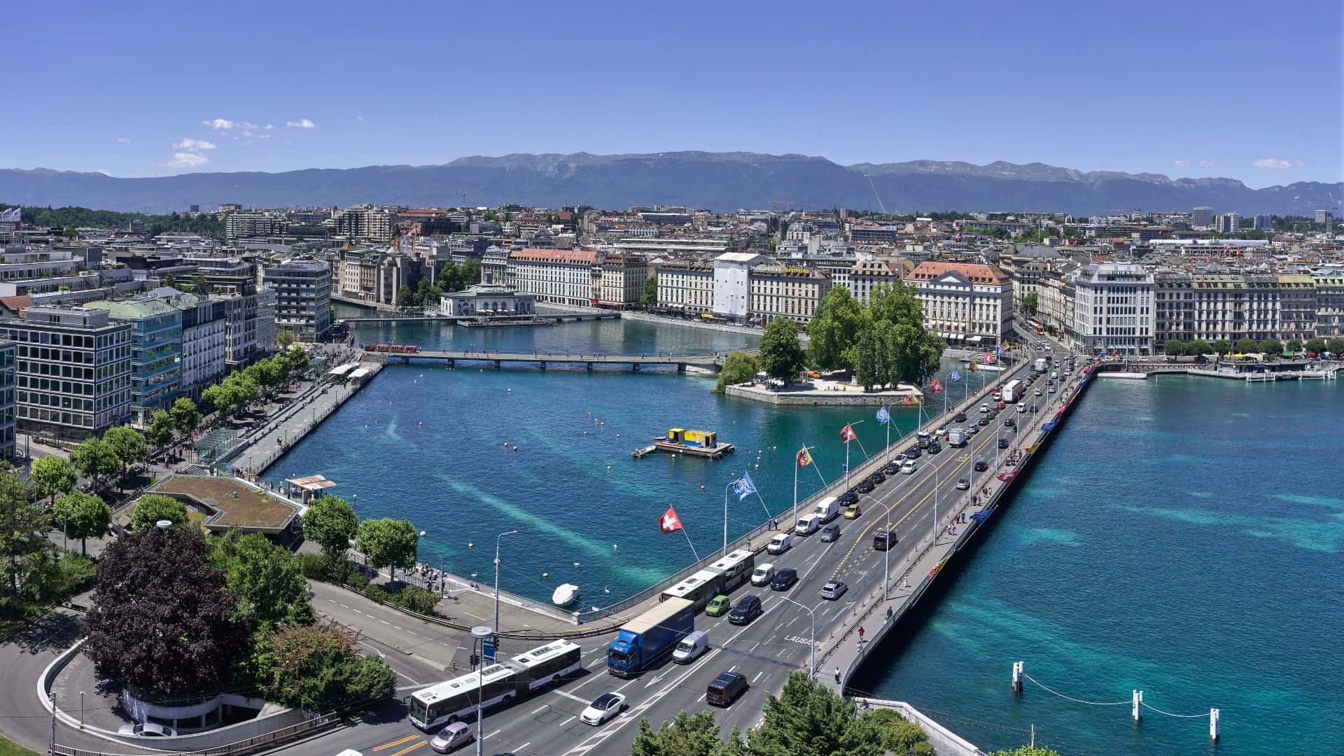 Geneva Panoramic Viewof Mont Blanc Bridge Wallpaper