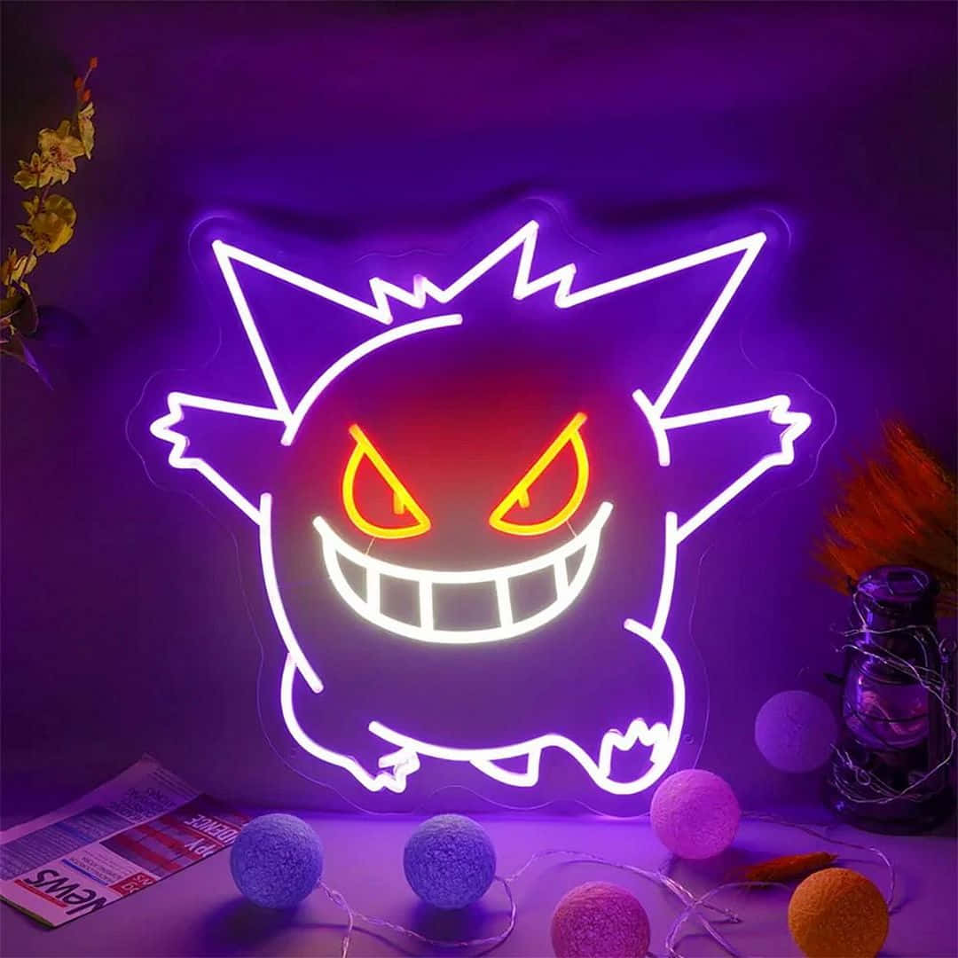En Pokemon neon skilt med en lilla glød