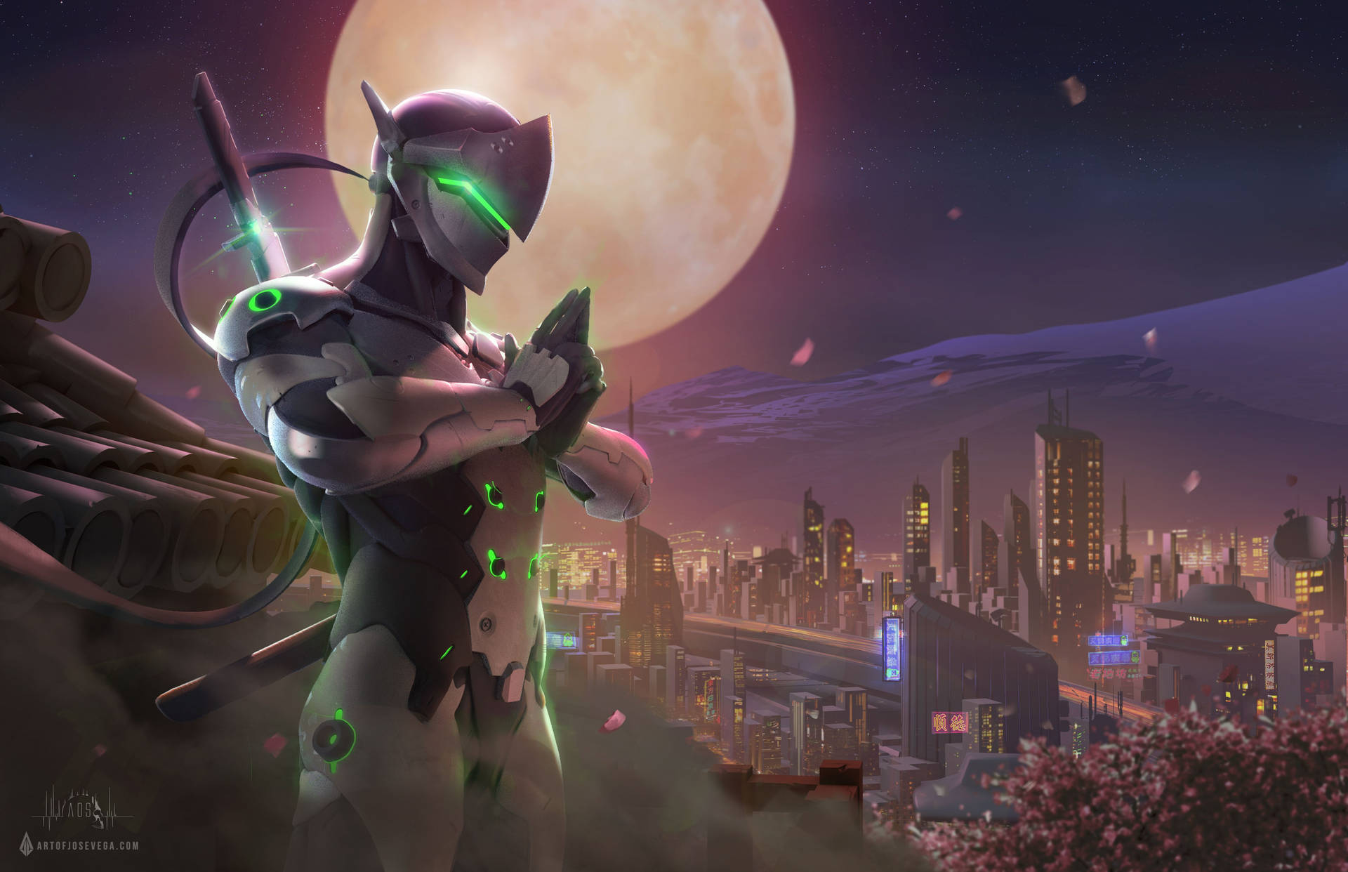 Genji stands tall on a rooftop, surveying the modern cityscape Wallpaper