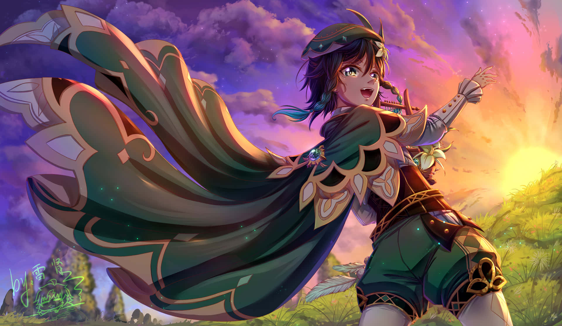 A Girl In Green With A Cape And A Sword