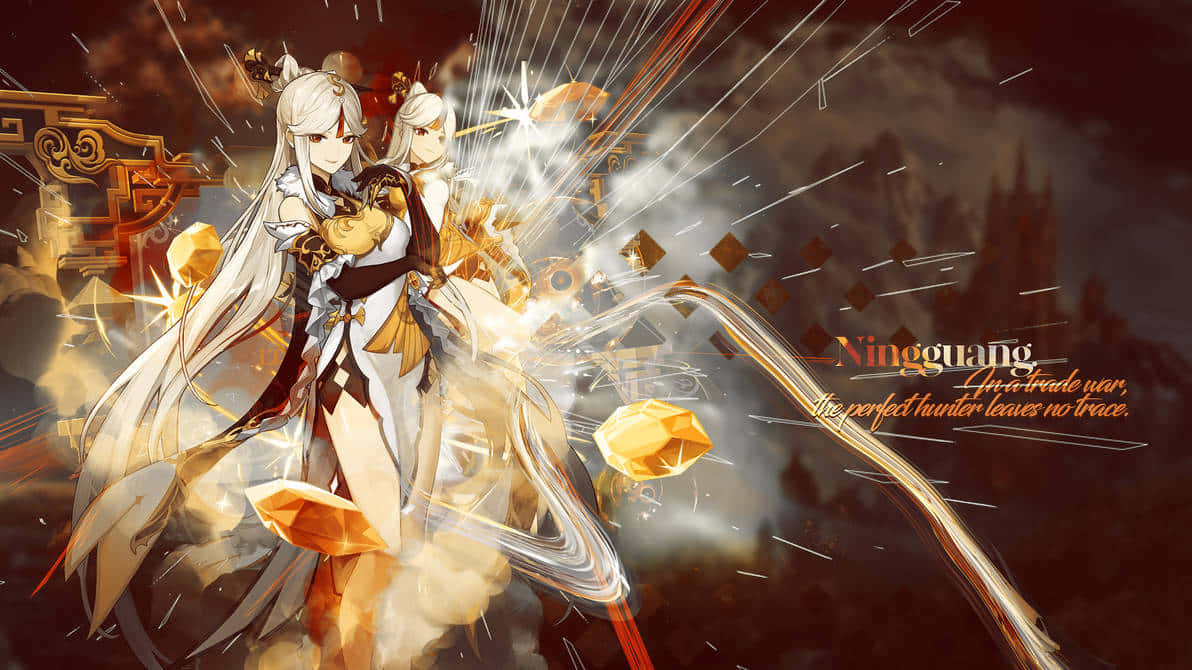 Ningguang, a Geo-elemental character, showcases her stunning elegance and power in the beautiful world of Genshin Impact. Wallpaper