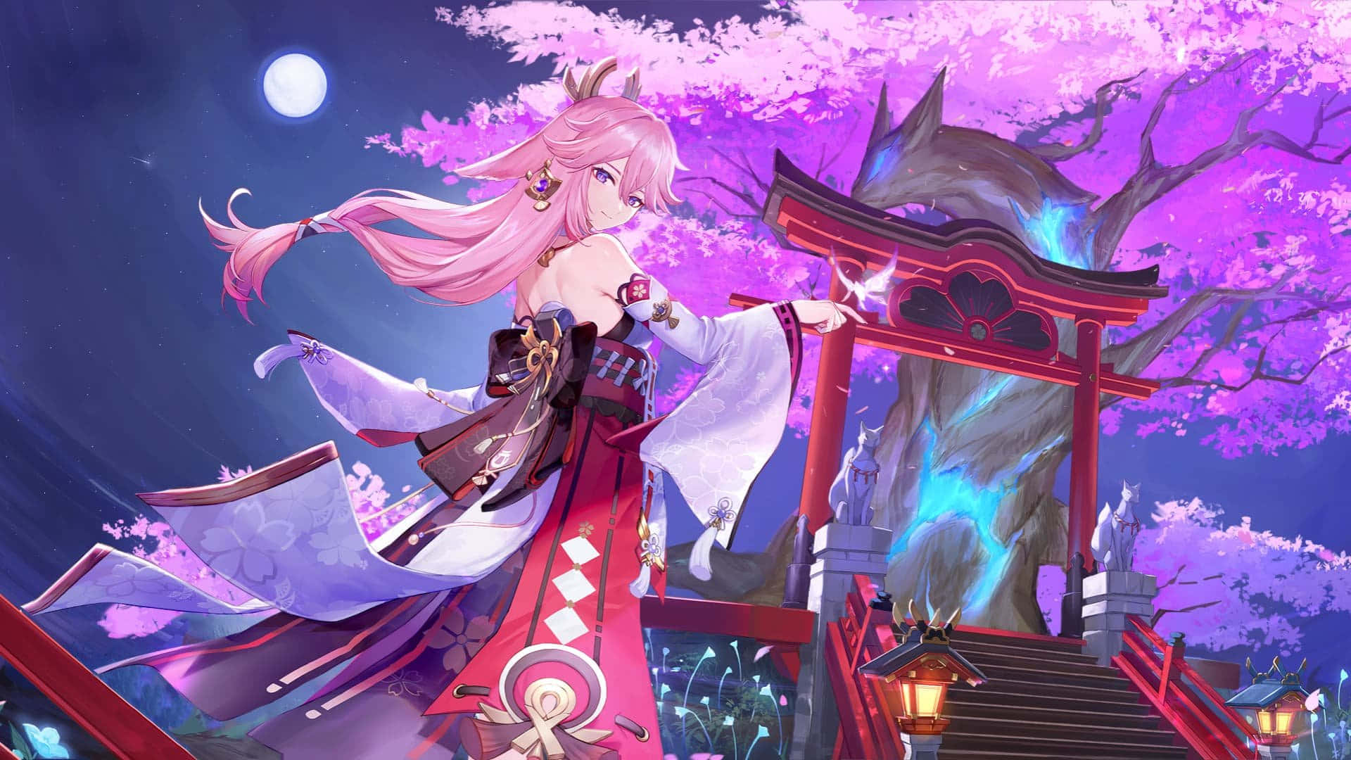 Genshin Impact Pink Haired Character Under Moonlight Wallpaper