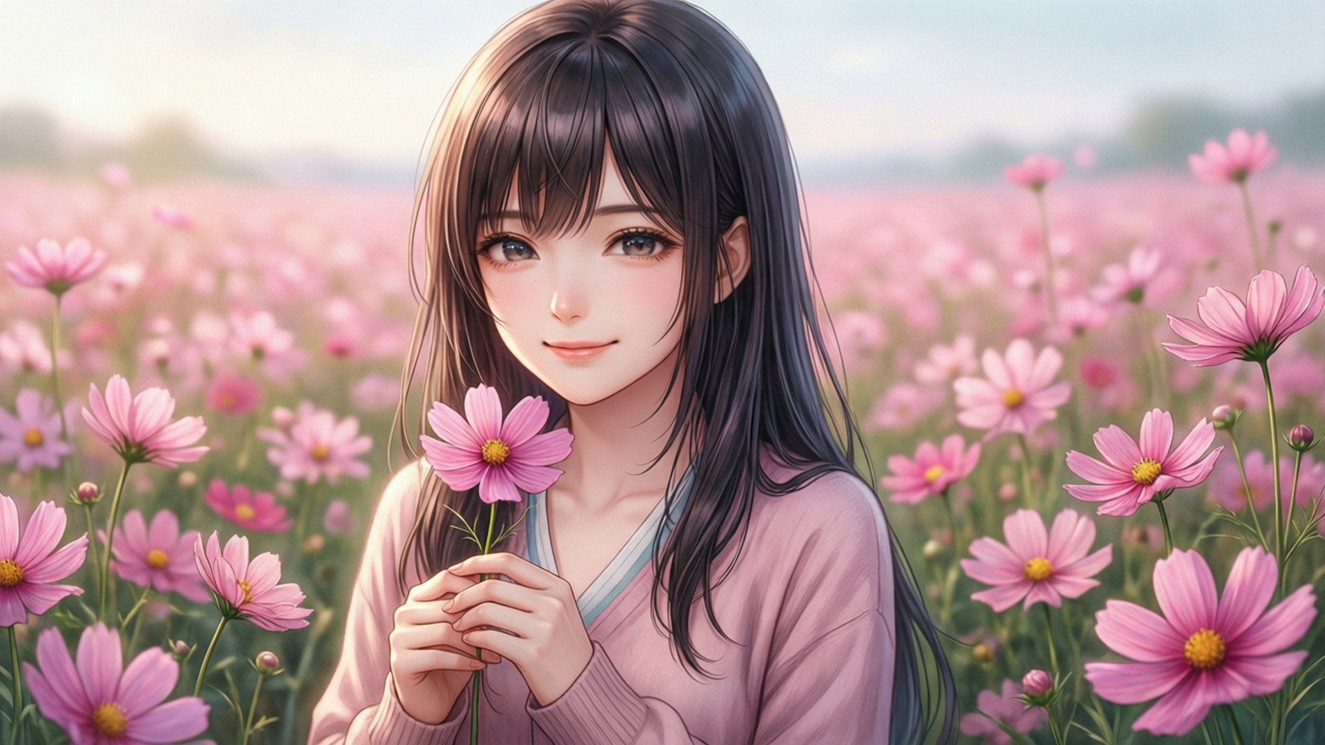 Nui Harime in a field of pink flowers, holding a flower with a gentle smile.