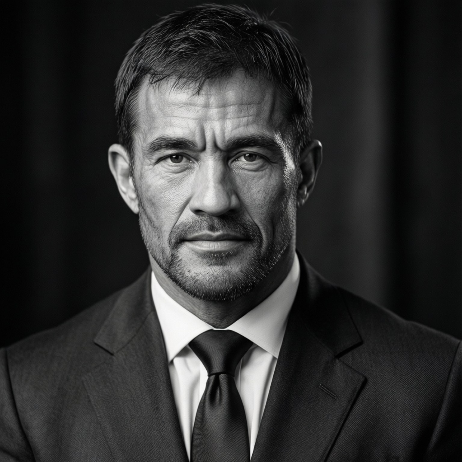 Klassisk porträtt av Rickson Gracie i kostym, elegant och lugn.