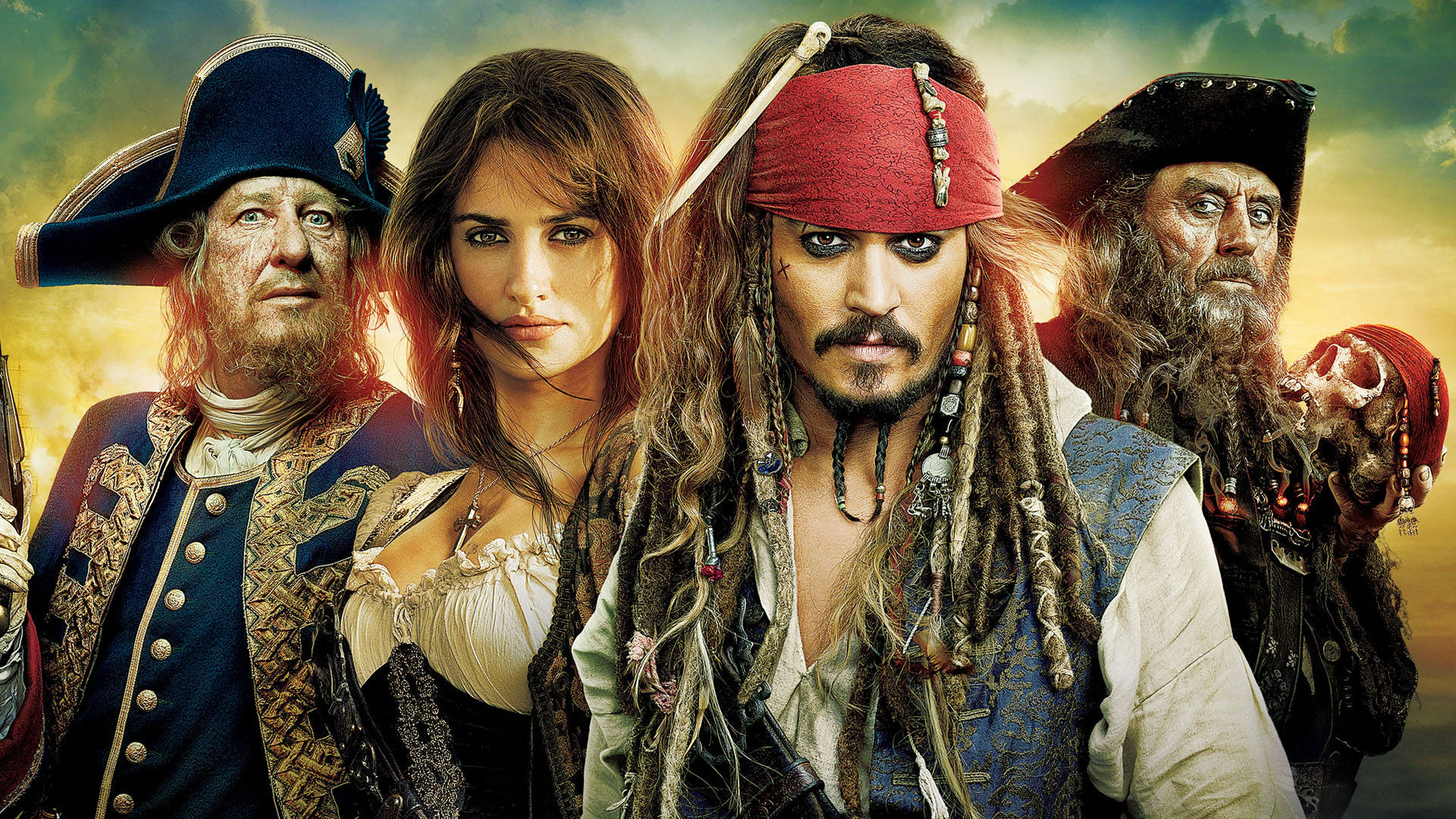 Lav Captain Hector Barbossa fra Pirates of the Caribbean som din skærmbaggrund med Geoffrey Rush i centrum. Wallpaper