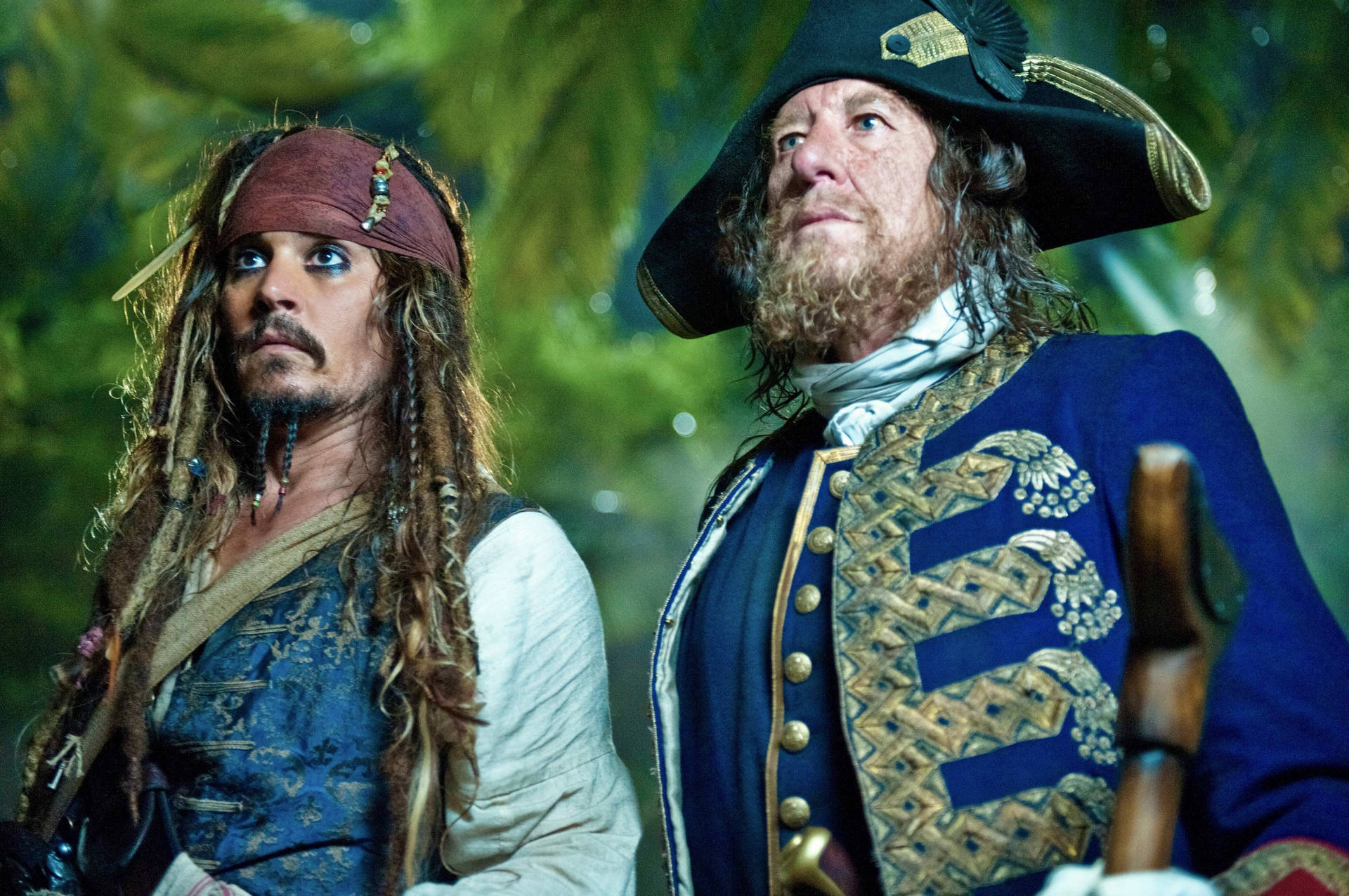 Geoffrey Rush Jack Sparrow Johnny Depp Pirates of the Caribbean Skrivebordsbaggrund Wallpaper