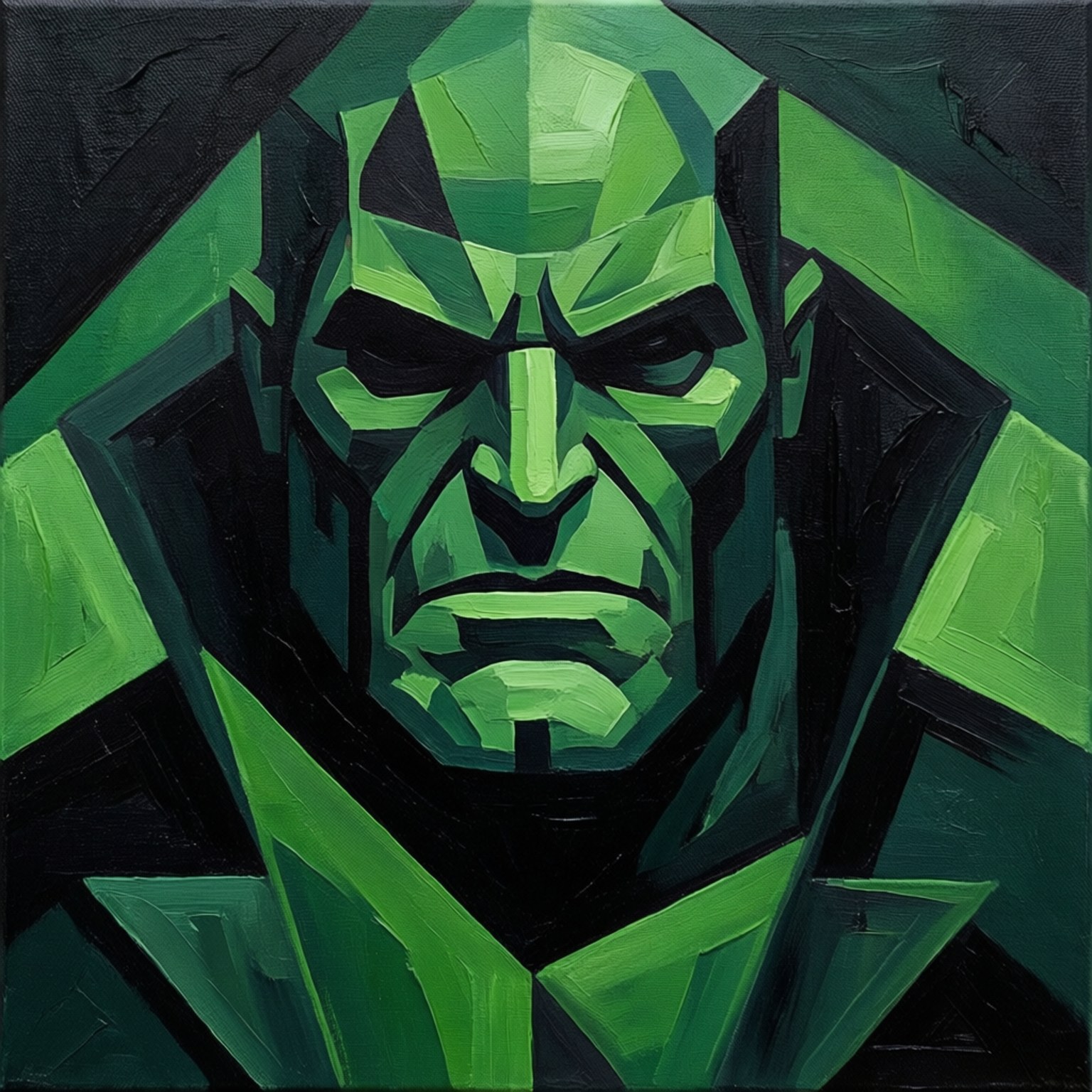 Abstrakti geometrinen esitys Doctor Doomista vihreänä ja mustana.