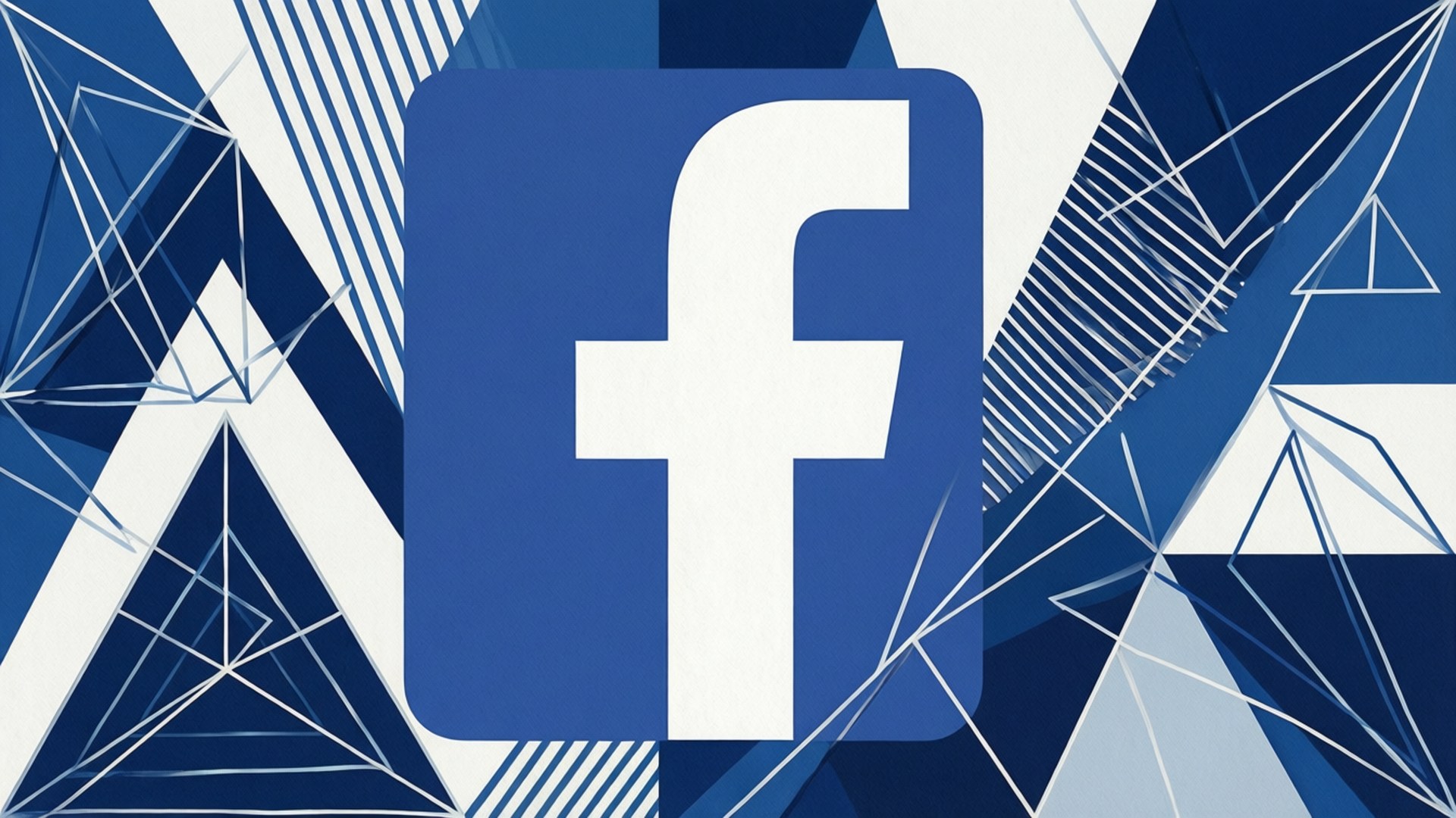 Een abstracte geometrische achtergrond met de kleuren en het 'f'-symbool van Facebook.