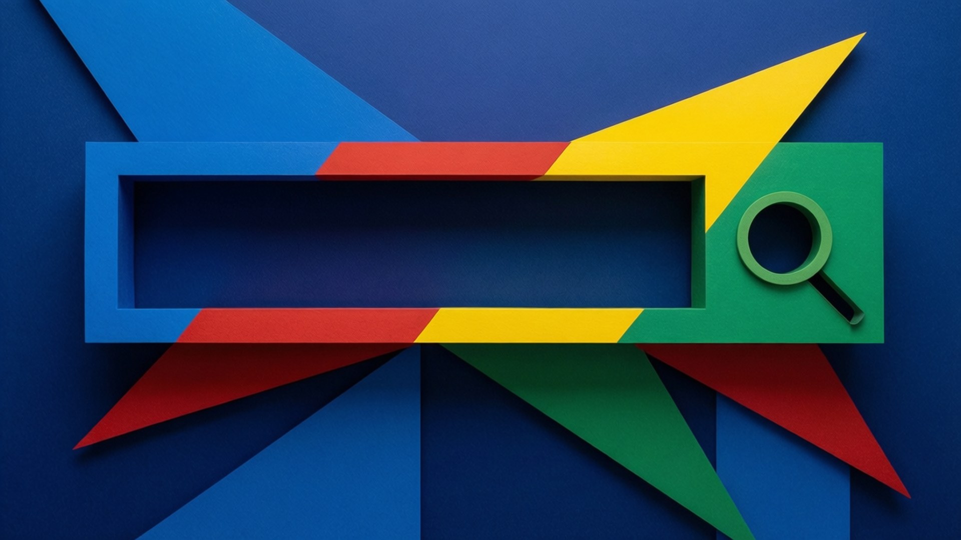 Et abstrakt geometrisk design som bruker Google-farger for å danne en søkelinje
