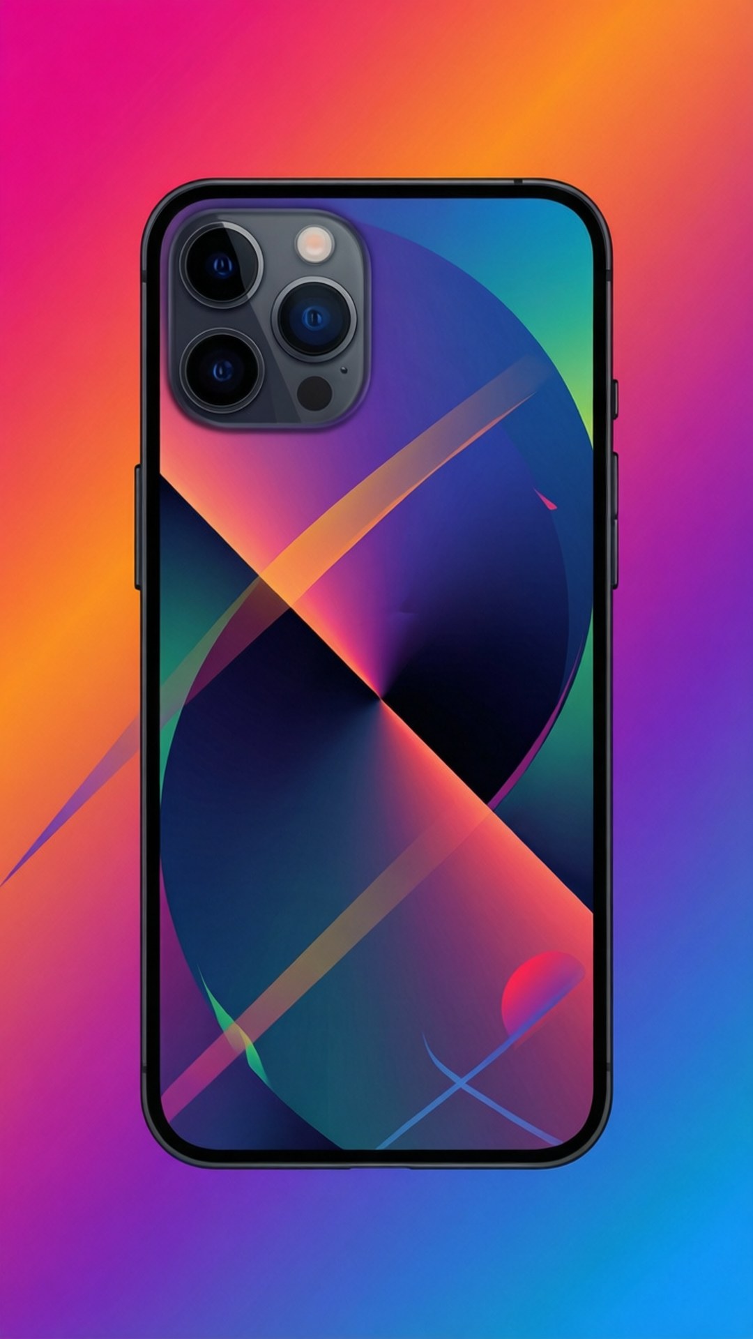 En smarttelefon med et fargerikt abstrakt design på en gradientbakgrunn.