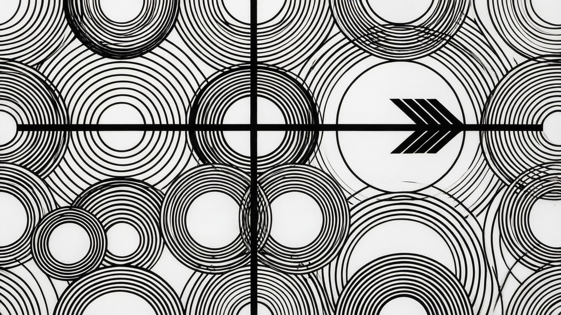Thin arrow intersecting circles in geometric pattern.