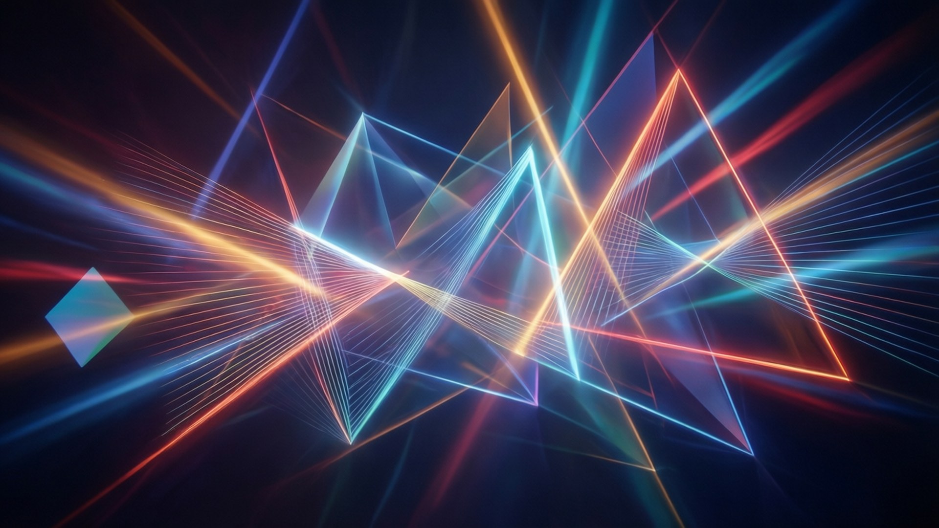 Neon geometriske former og lysspor i et mørkt digitalt rom.