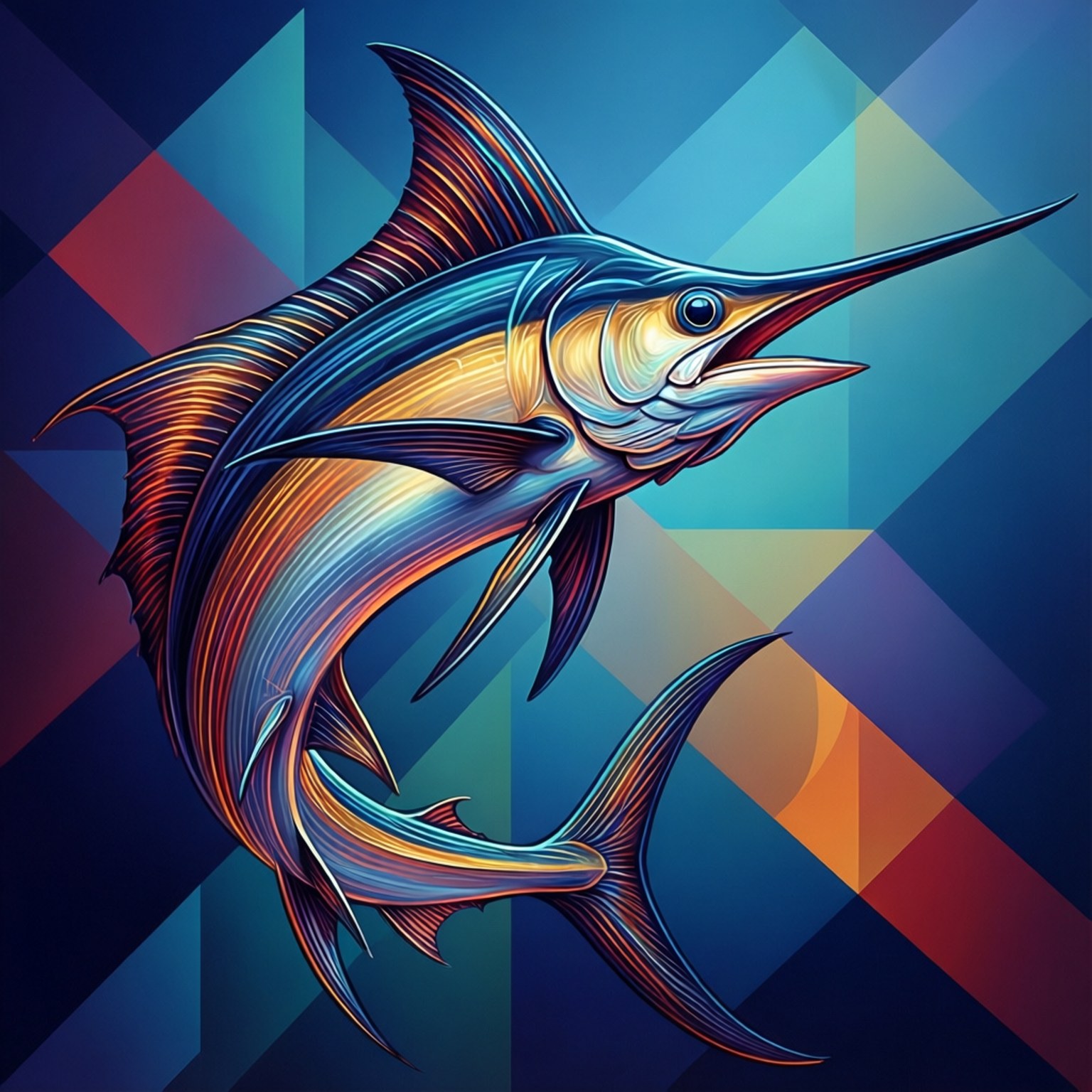 Una moderna carta da parati astratta di un marlin costruita con forme geometriche.