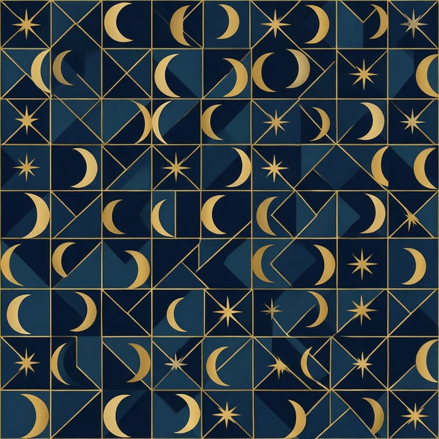 Un patrón repetitivo de lunas y estrellas en estilo geométrico.
