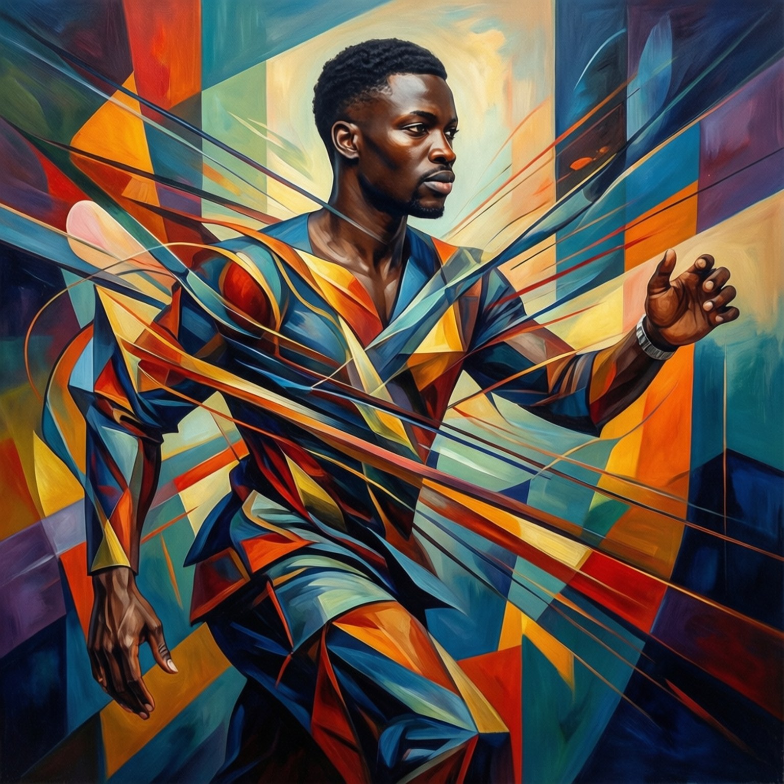 Abstrakt geometrisk kunst af Obinna Nwobodo i dynamisk bevægelse.
