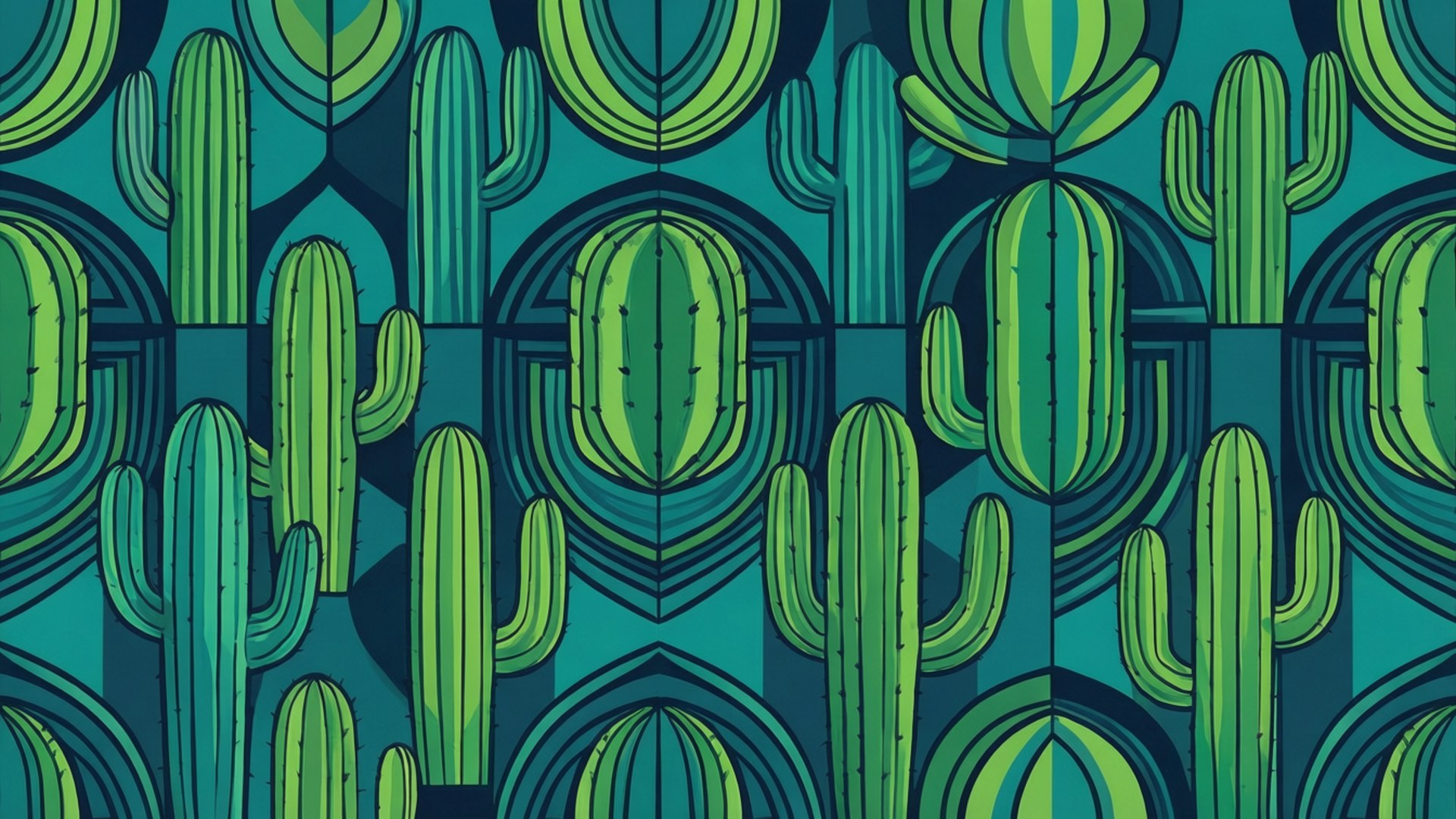 Modern abstract geometric pattern of nopal cacti in green and teal.
