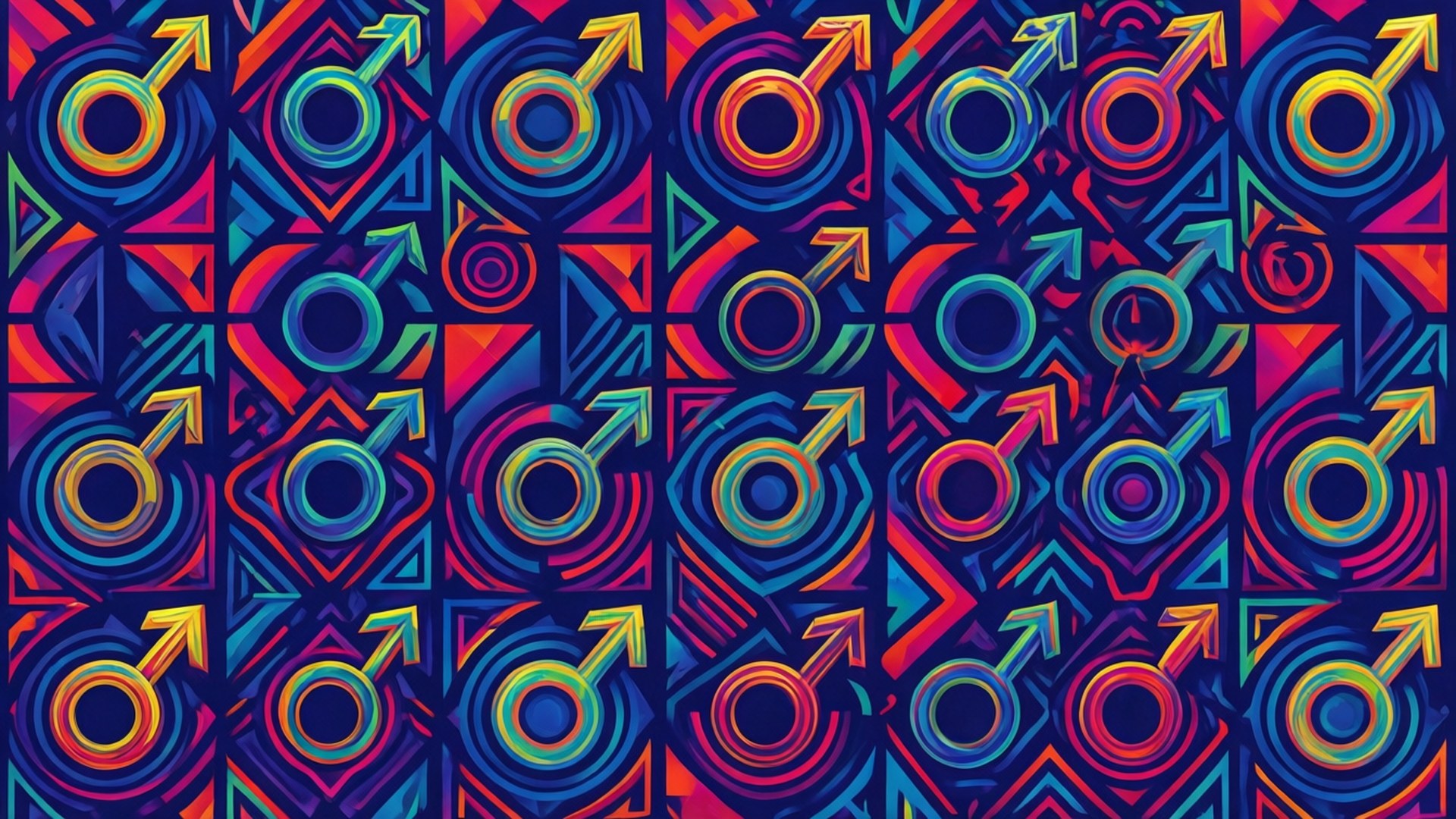 Neonfarget geometrisk mønster med mannssymboler i gjentagende design.