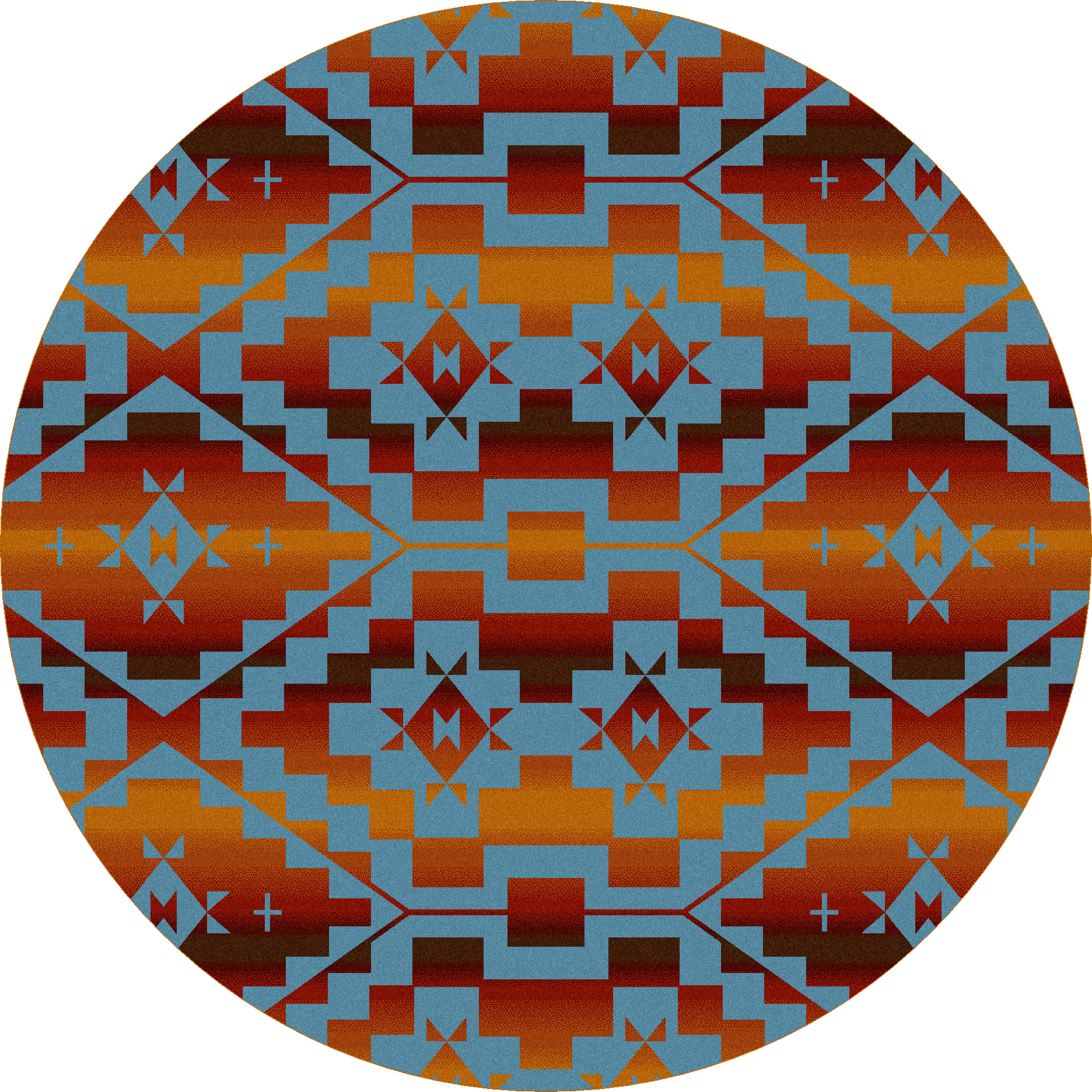 Geometric Pattern Circle Design PNG — A circular geometric pattern with repeating diamond and cross motifs in warm orange red and cool blue tones.